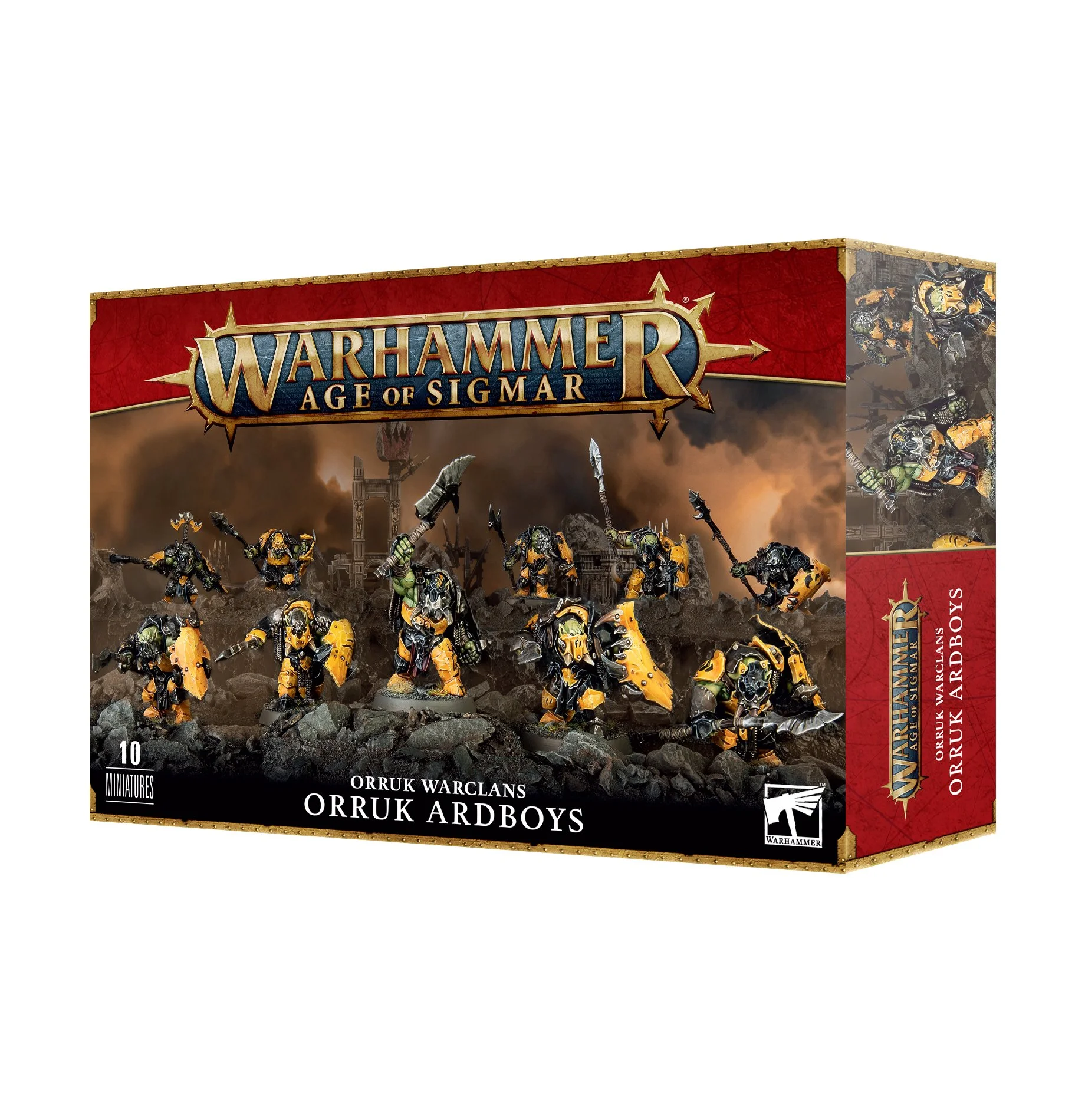 A box for Warhammer Age of Sigmar Orruk Warclans Orruk Ardboys miniatures set with a display of painted miniatures on the front, depicting orruk warriors in battle gear amidst a war-torn landscape.