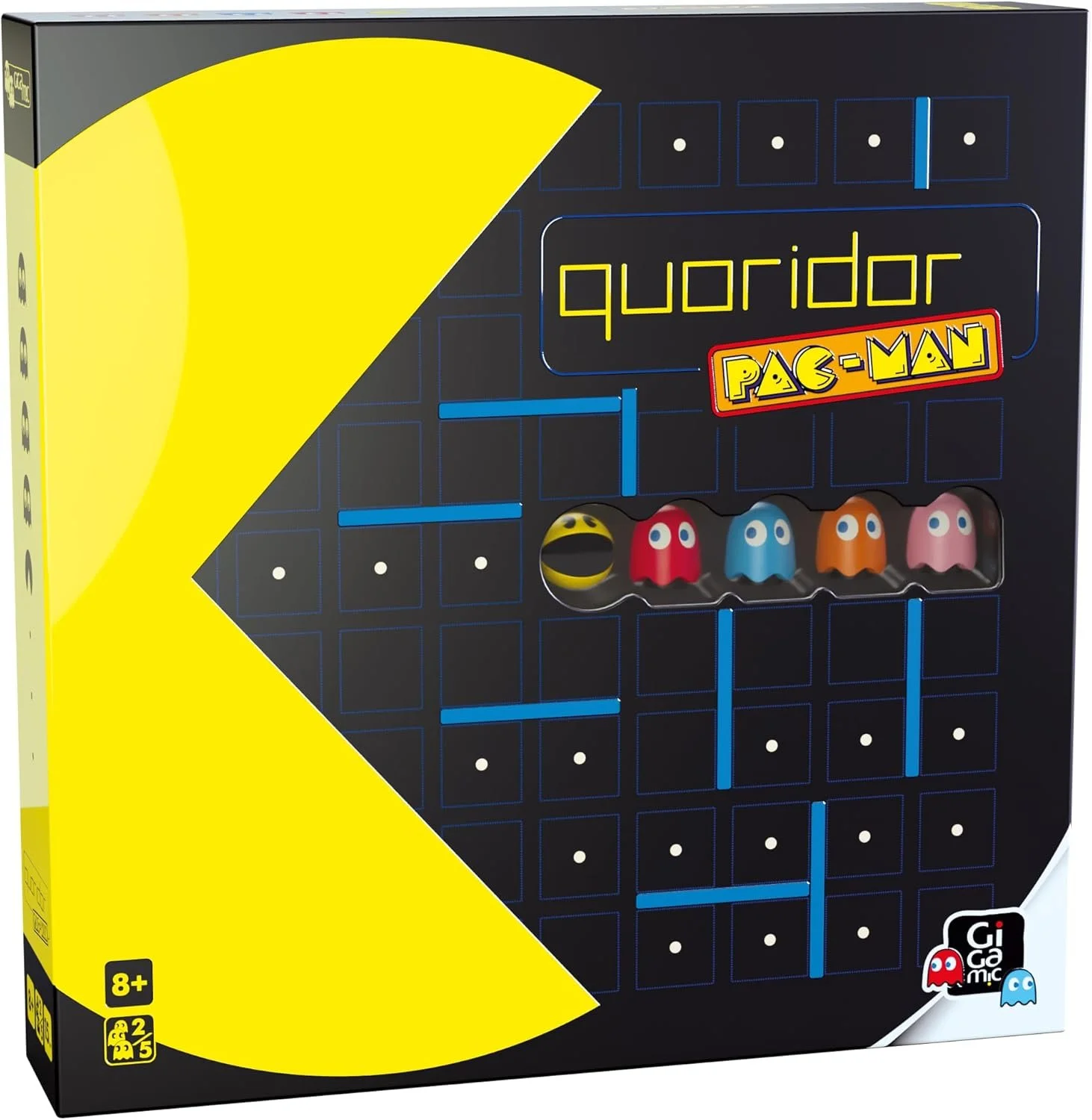 Quoridor: Pac-Man — Board Game. €40 
Type: Abstract strategy, maze, grid movement. Players: 2-5. 
Complexity: Light. 
Brief: Bring the 8-bit arcade obsession to your tabletop! Play the classic multi-award-winning race game of blocking your opponent w