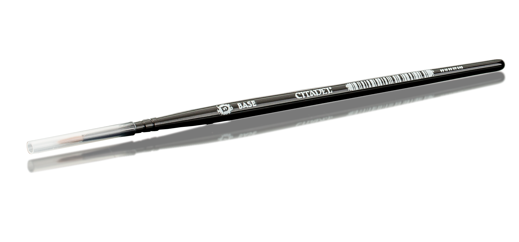 A black and white small, thin paintbrush with a transparent tip and the words 'BASE' and 'CITADEL' printed on the handle.