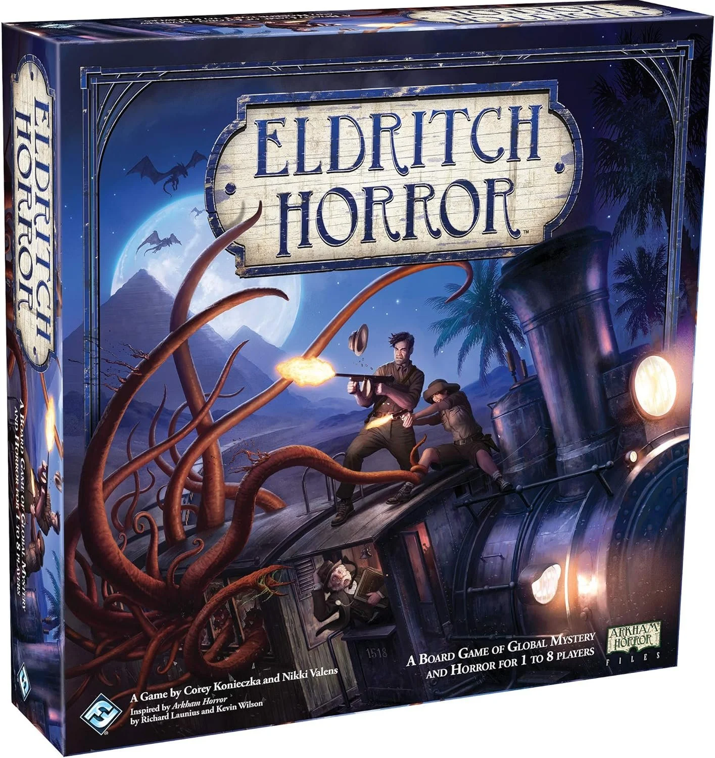 Eldritch Horror —  €85 —
Type: Cooperative board game, adventure, horror, dice rolling.
Players: 1–8.
Complexity: Medium–Heavy.
Brief: Travel across the globe as investigators working together to solve mysteries, battle terrifying monsters, and preve