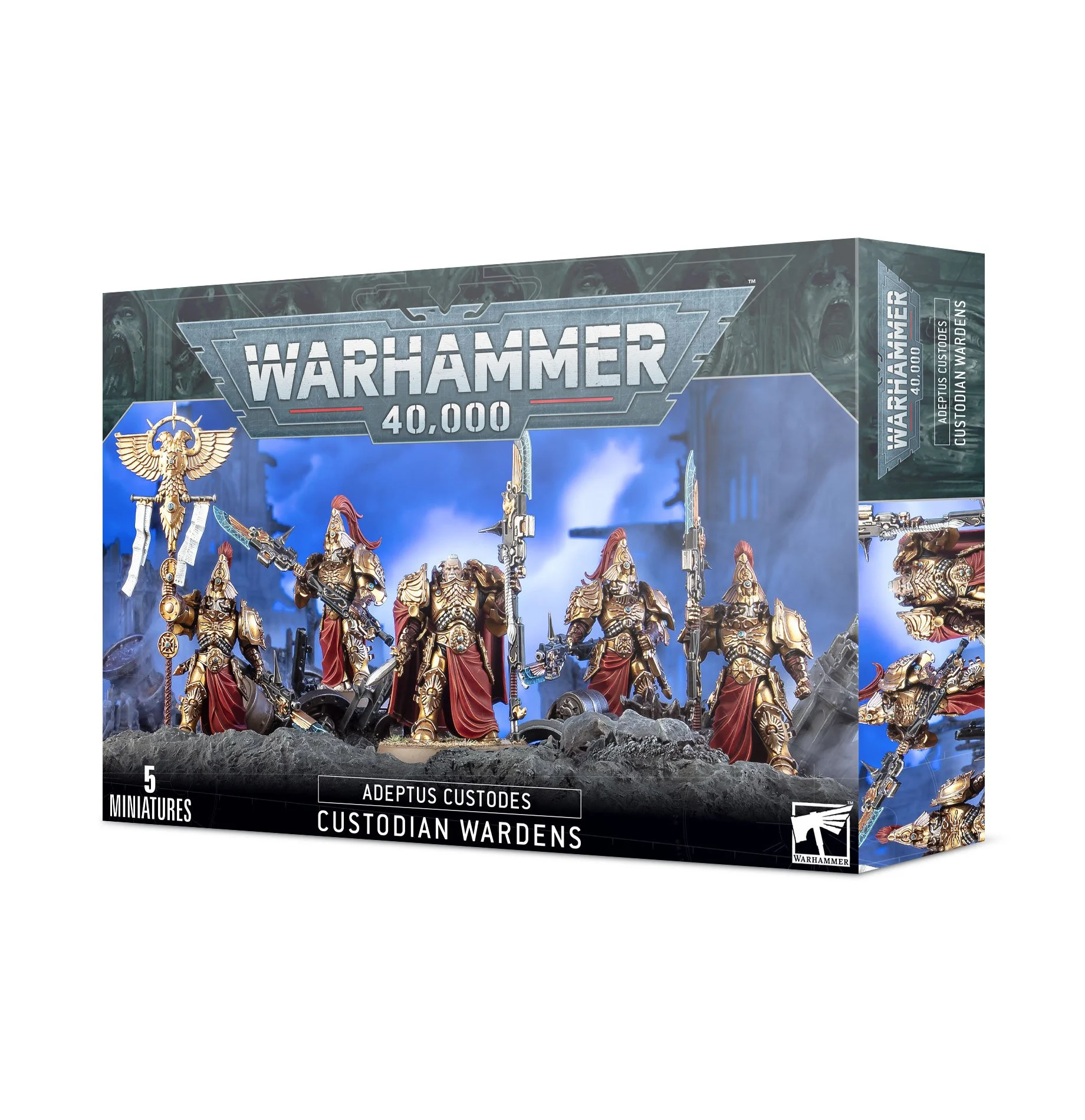 Warhammer 40,000 Adeptus Custodes Custodian Wardens miniatures box with five intricately detailed gold armor figures holding weapons against a dark, cloudy background.