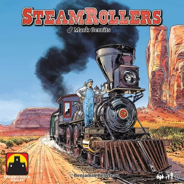 Steamrollers — Board Game. €35 Type: Roll-and-write, network building. Players: 1–5. Complexity: Light-Medium. Brief: Draft dice to build railroad networks, connect cities, upgrade your train, and deliver goods across the map to rack up the most poin
