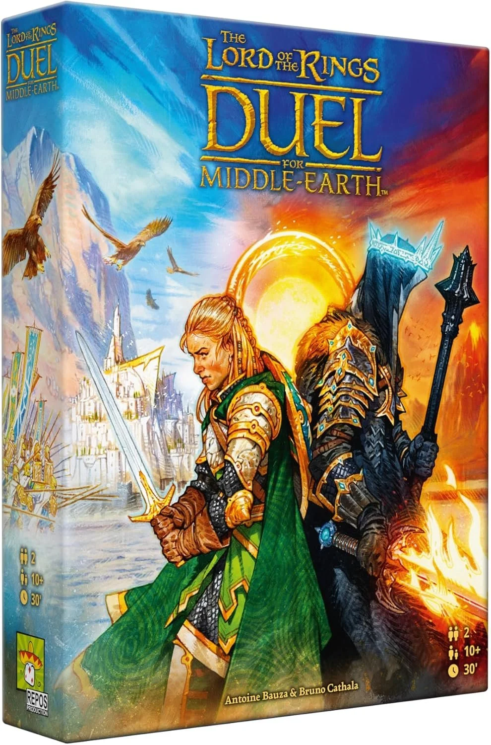 The Lord of the Rings: Duel for Middle-earth — €35 —
Type: 2-player strategy, card drafting, area influence, set collection.
Players: 2.
Complexity: Medium.
Brief: Face off as the Free Peoples or Sauron’s forces in a tense struggle across Middle-eart