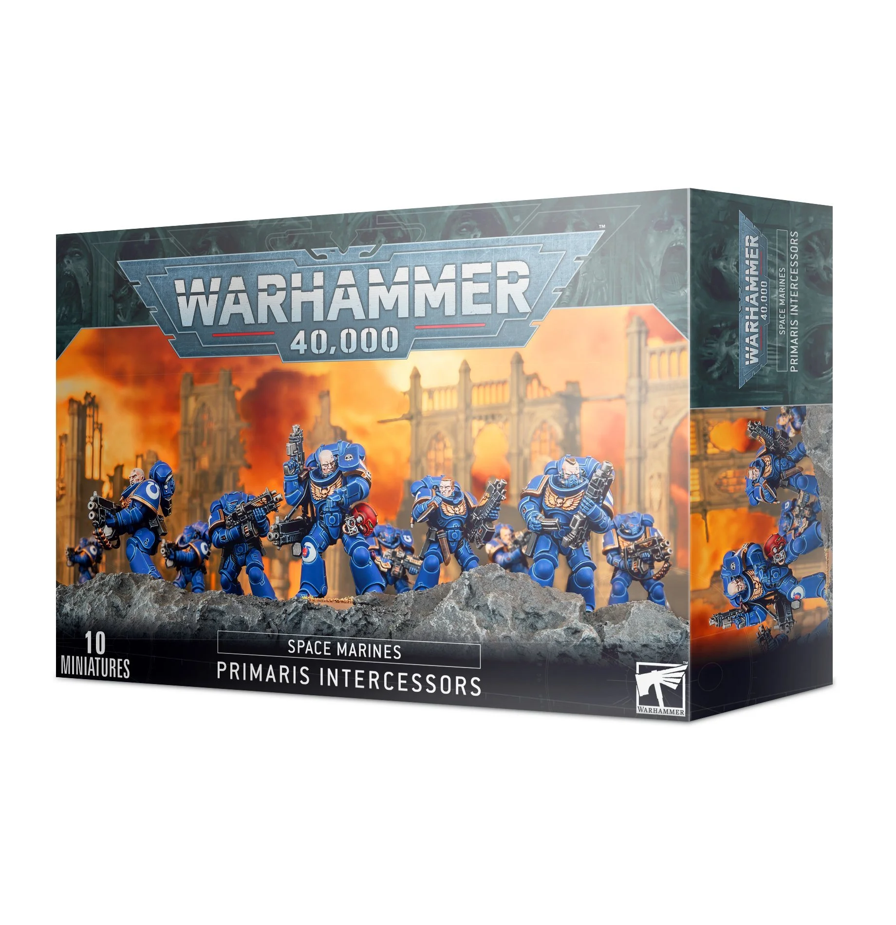 A box of Warhammer 40,000 Primaris Intercessors space marines miniatures, featuring painted blue armor on miniature soldiers against a ruined cityscape background.