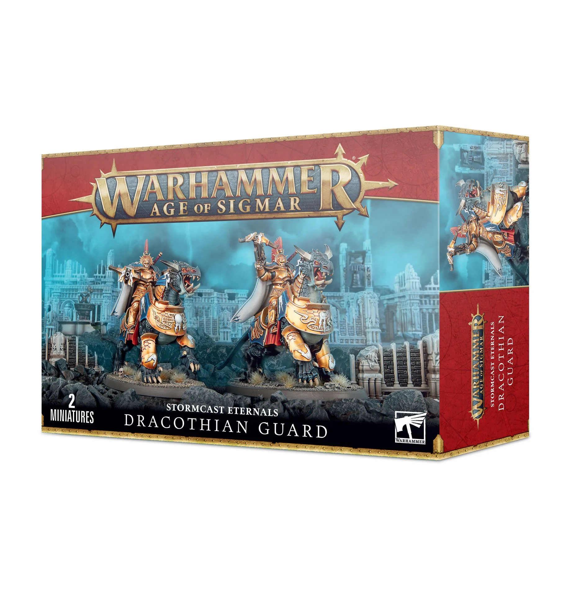 Warhammer Age of Sigmar Stormcast Eternals Dracothian Guard miniatures box featuring three armored horse-like warriors with weapons, set against a cityscape background.