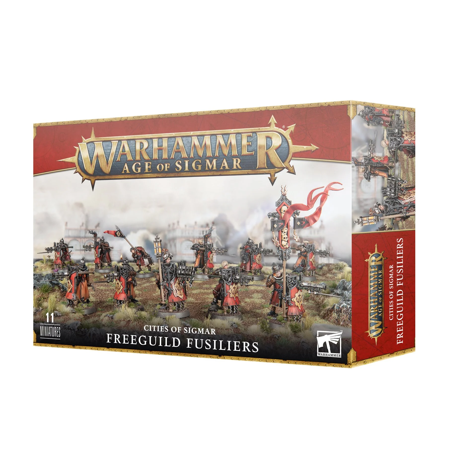 A box of Warhammer Age of Sigmar Freeguild Fusiliers miniatures, featuring painted miniatures of soldiers armed with guns and banners, in a fantasy tabletop game setting.