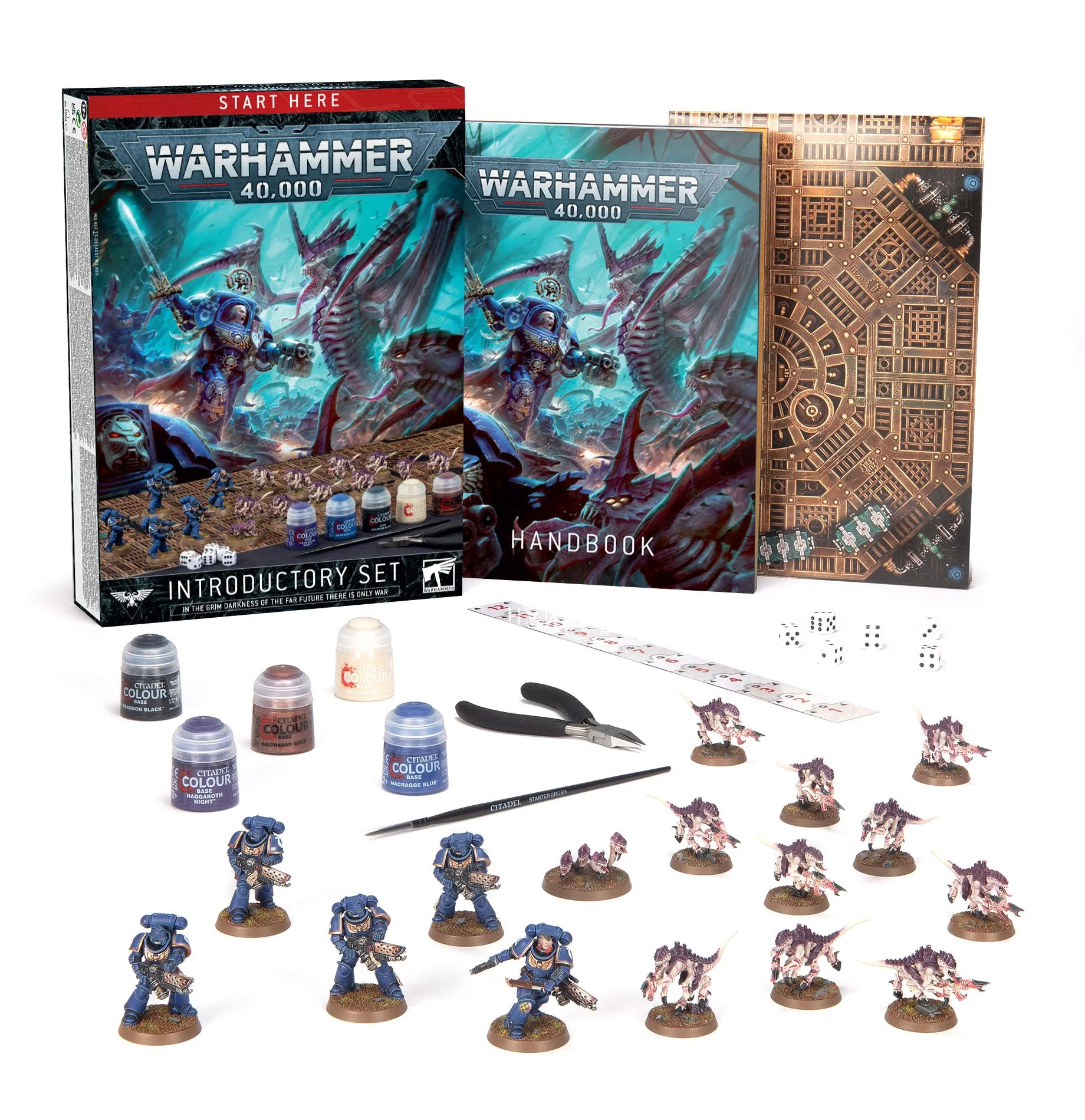 Warhammer 40,000 beginner's painting and assembly kit with miniature figures, paints, brushes, dice, rulebook, and organizing mat.