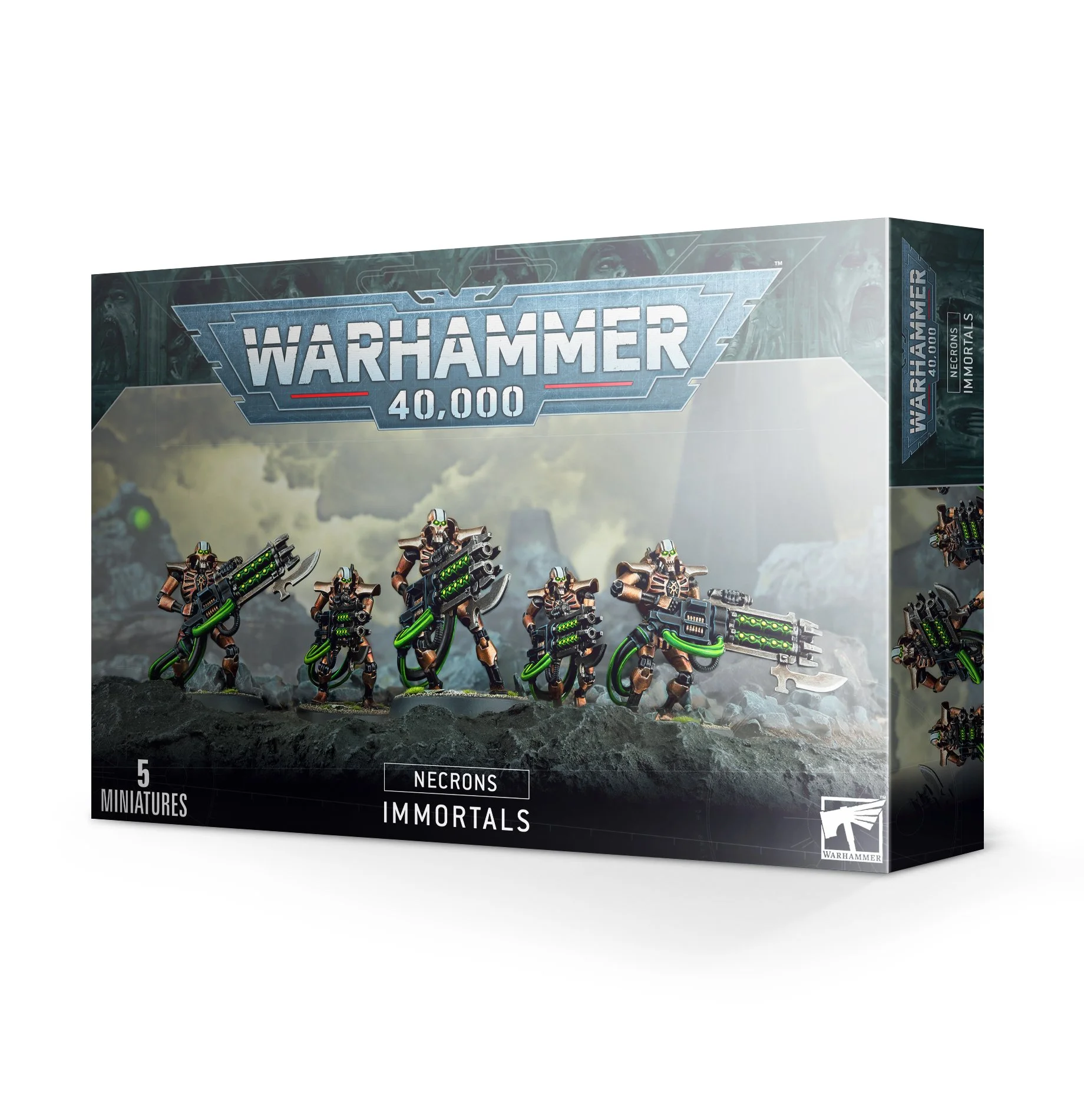 Box of Warhammer 40,000 Necrons Immortals miniature set, featuring five painted miniatures with weapons, set against a rugged battlefield background.