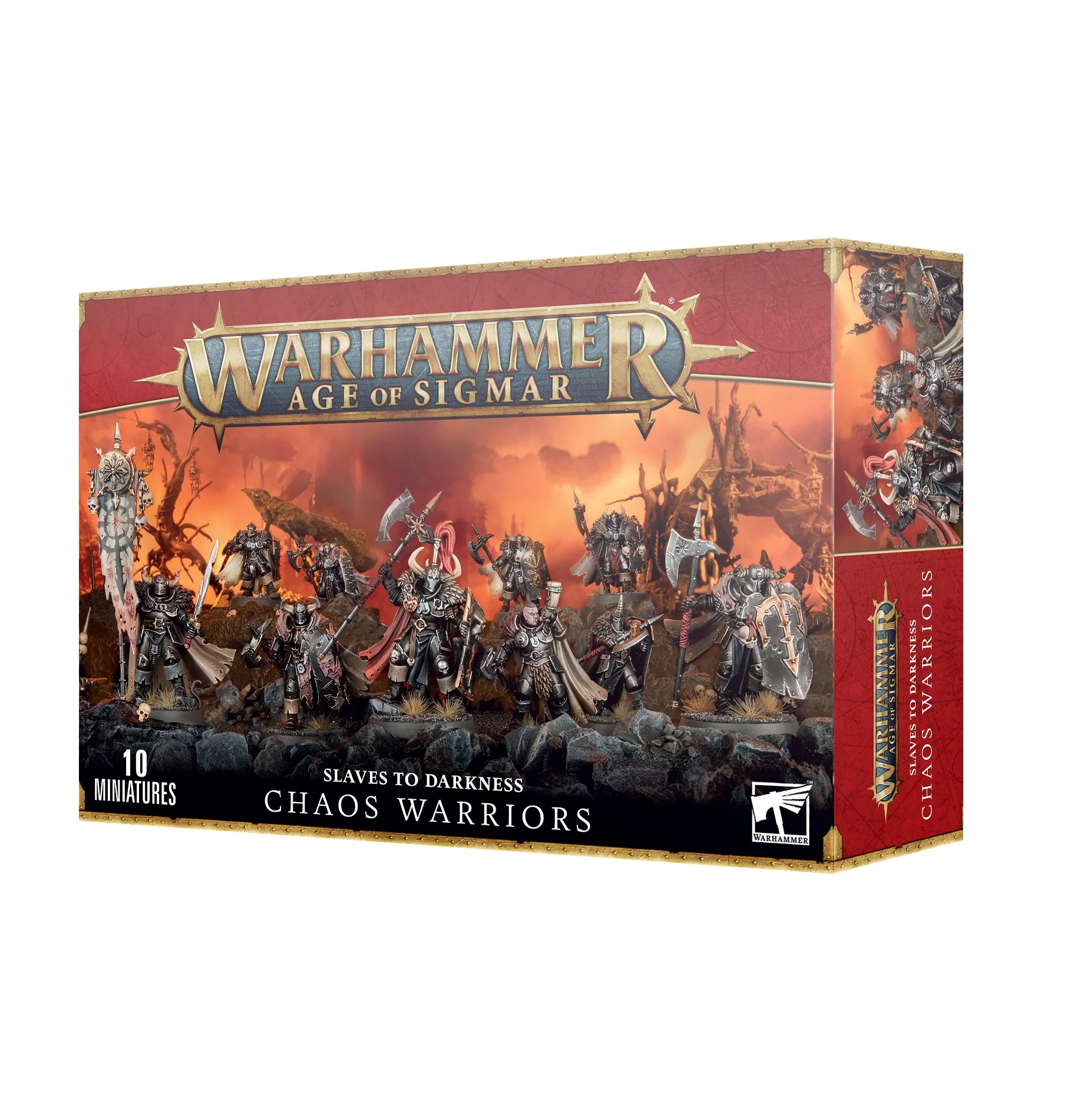 Warhammer Age of Sigmar Chaos Warriors miniatures box set with ten figurines in dark armor, weapons, and armor accessories, on a rocky terrain with a dramatic orange sky background.