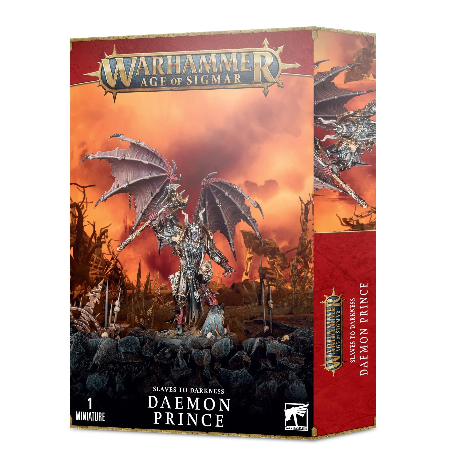 A Warhammer Age of Sigmar miniature box features a metallic demon prince with large, dark wings, standing on rocky terrain with a fiery, apocalyptic background.