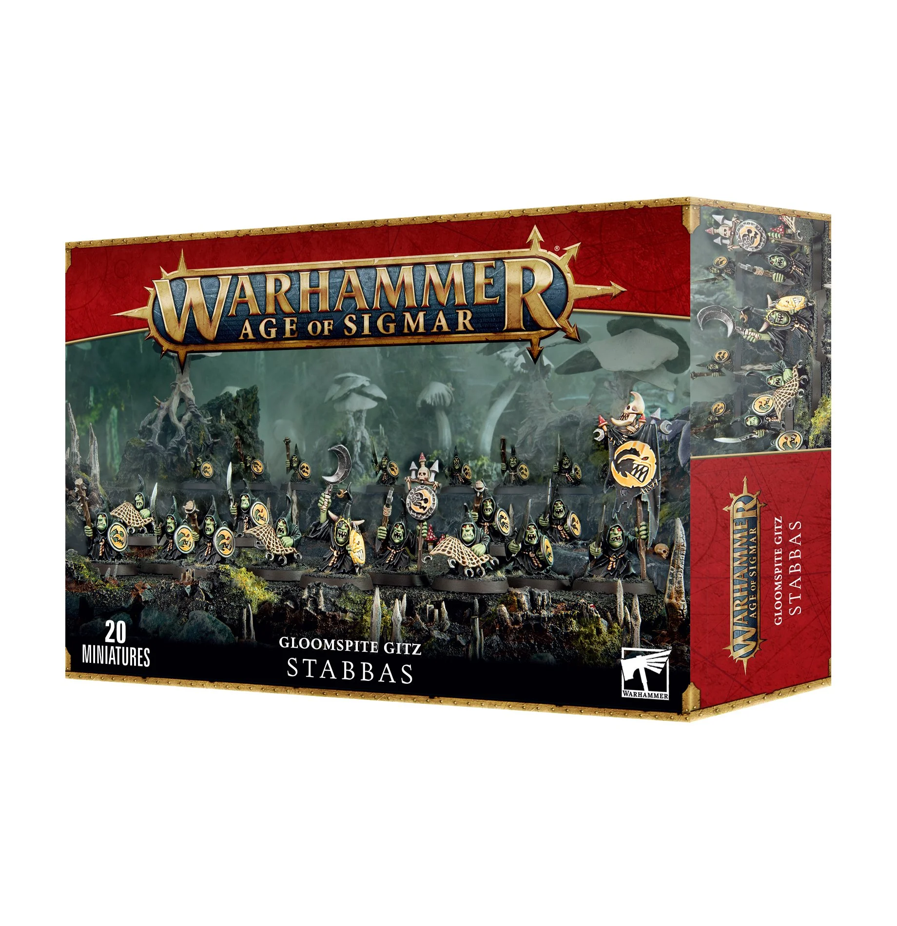 Box of Warhammer Age of Sigmar Gloomspite Gitz Stabbas miniatures game, featuring miniature models of spider-like creatures with armor and shields, set in a forest terrain.