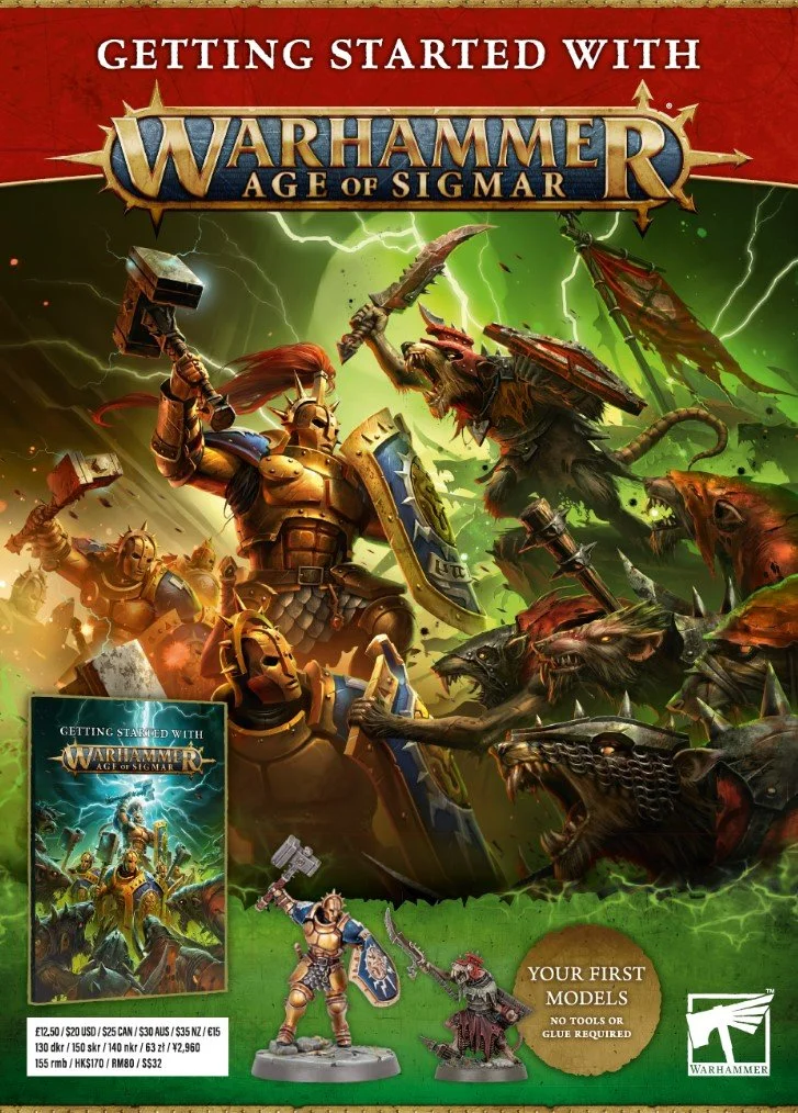 Cover of a Warhammer Age of Sigmar starter set titled "Getting Started with Warhammer Age of Sigmar" featuring illustrated fantasy battle scene with armored warriors, dragons, and fierce monsters.
