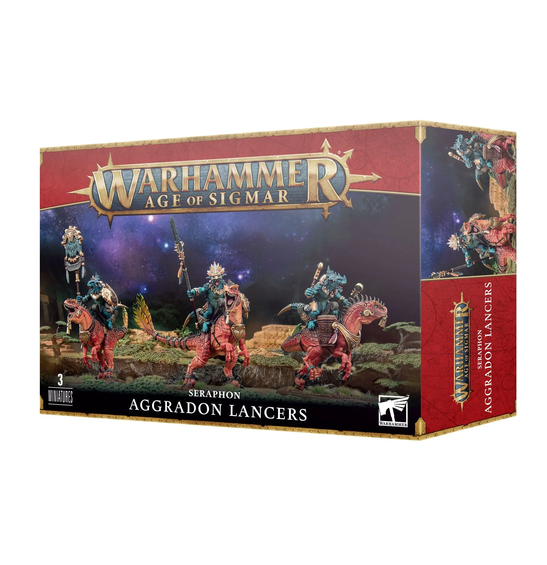 Box of Warhammer Age of Sigmar Seraphon Aggradon Lancers miniatures featuring three dinosaur-mounted warriors with colorful armor and weapons, set against a starry cosmic background.