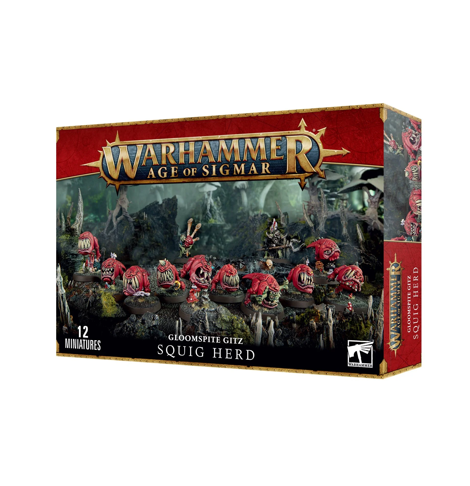 A box of Warhammer Age of Sigmar Gloomspite Gitz Squig Herd miniatures featuring 12 red squig figures with teeth and eyes, set against a forest background.
