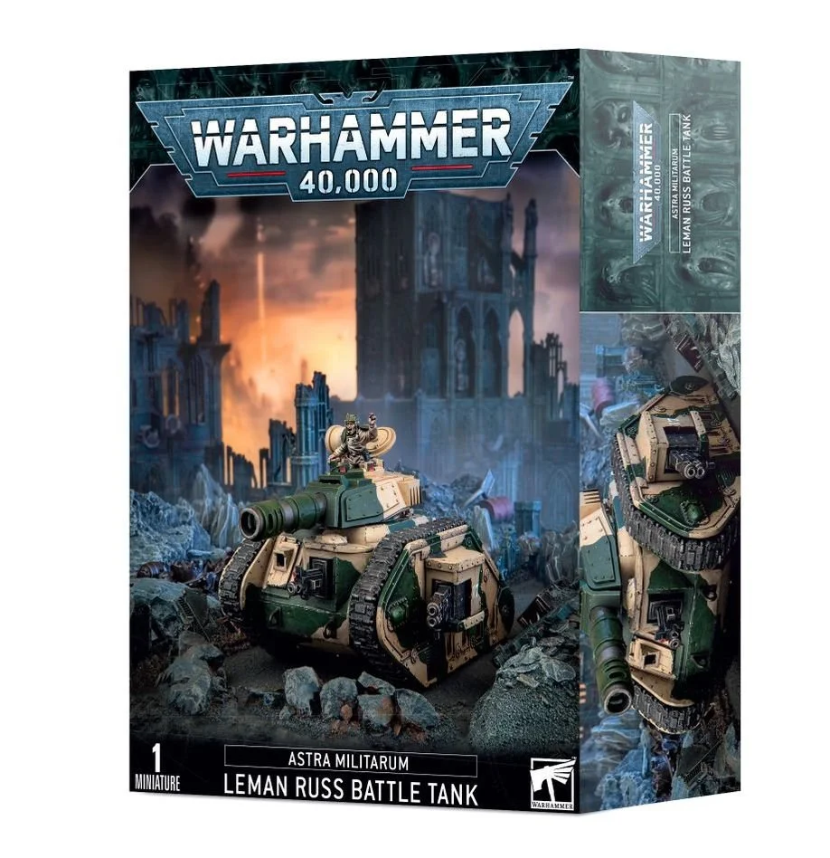 Box for Warhammer 40,000 Astra Militarum Leman Russ Battle Tank miniature, showing a model of a tank with green and beige camouflage, a mounted turret, and a miniature soldier figure on top, set against a post-apocalyptic cityscape background with ru