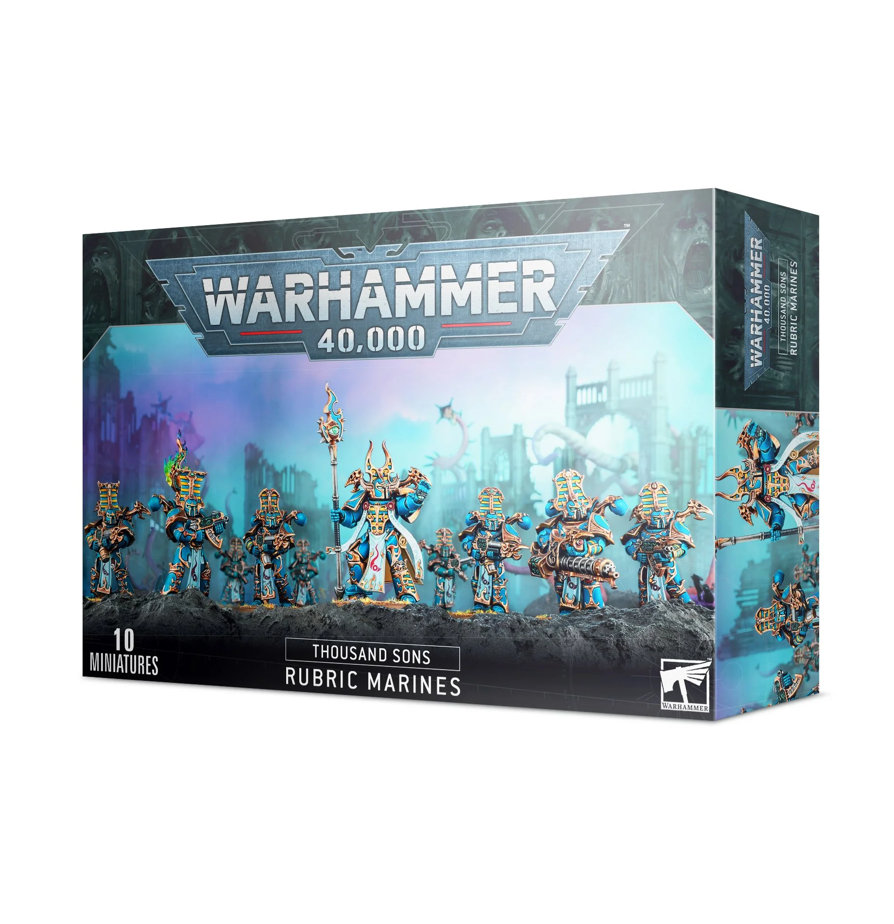 Box of Warhammer 40,000 Thousand Sons Rubric Marines miniatures, featuring painted miniatures of armored soldiers with blue and gold armor, holding weapons, on a battlefield background.