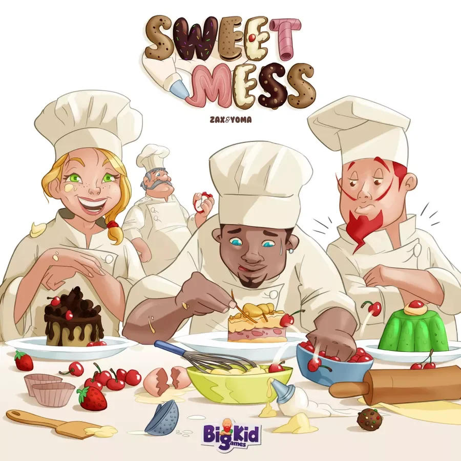 Sweet Mess — Board Game. €100 Type: Strategy, set collection, puzzle. Players: 1–4. Complexity: Light-Medium. Brief: Compete in a chaotic kitchen by gathering ingredients, preparing recipes, and managing a messy workspace to bake your way to victory.