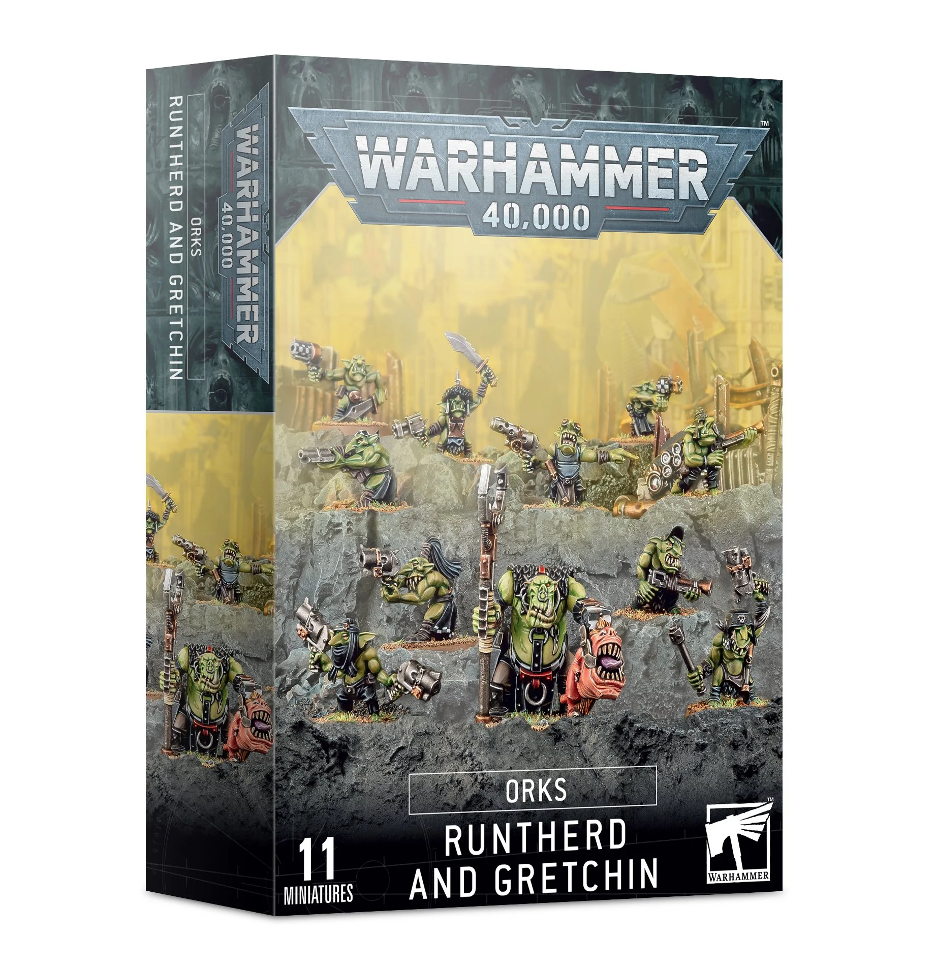 Box of Warhammer 40,000 miniatures depicting orks with the label "Orks Runt herd and Gretchin" and showing a group of green orc figures armed with weapons on a rocky terrain.