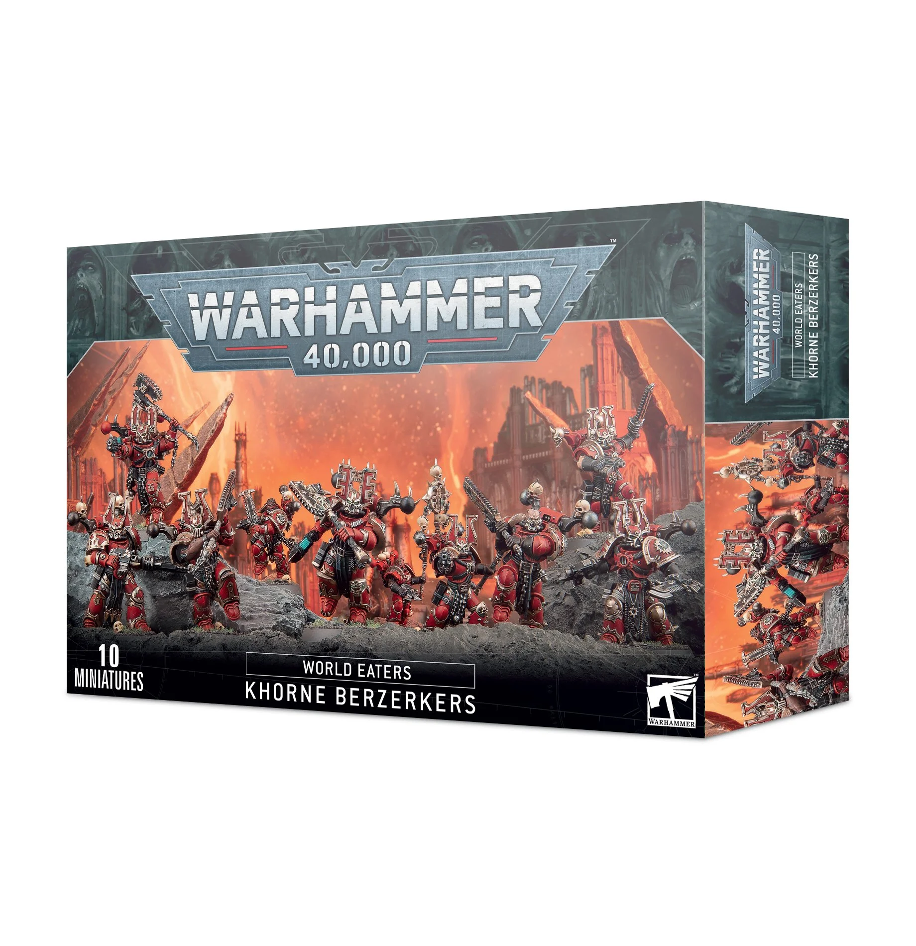 Warhammer 40,000 World Eaters Khorne Berzerkers miniature set box showing painted miniatures in a Warhammer universe scene with fiery background.