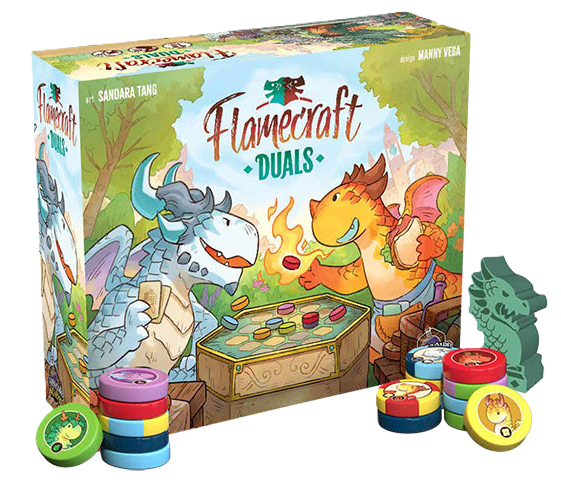Flamecraft Duals — Board Game. €40 
Type: Abstract strategy, pattern building, tile placement. Players: 1-2. 
Complexity: Light-Medium. 
Brief: Return to the cozy, adorable world of artisan dragons in this head-to-head tactical duel. Draw chunky drag