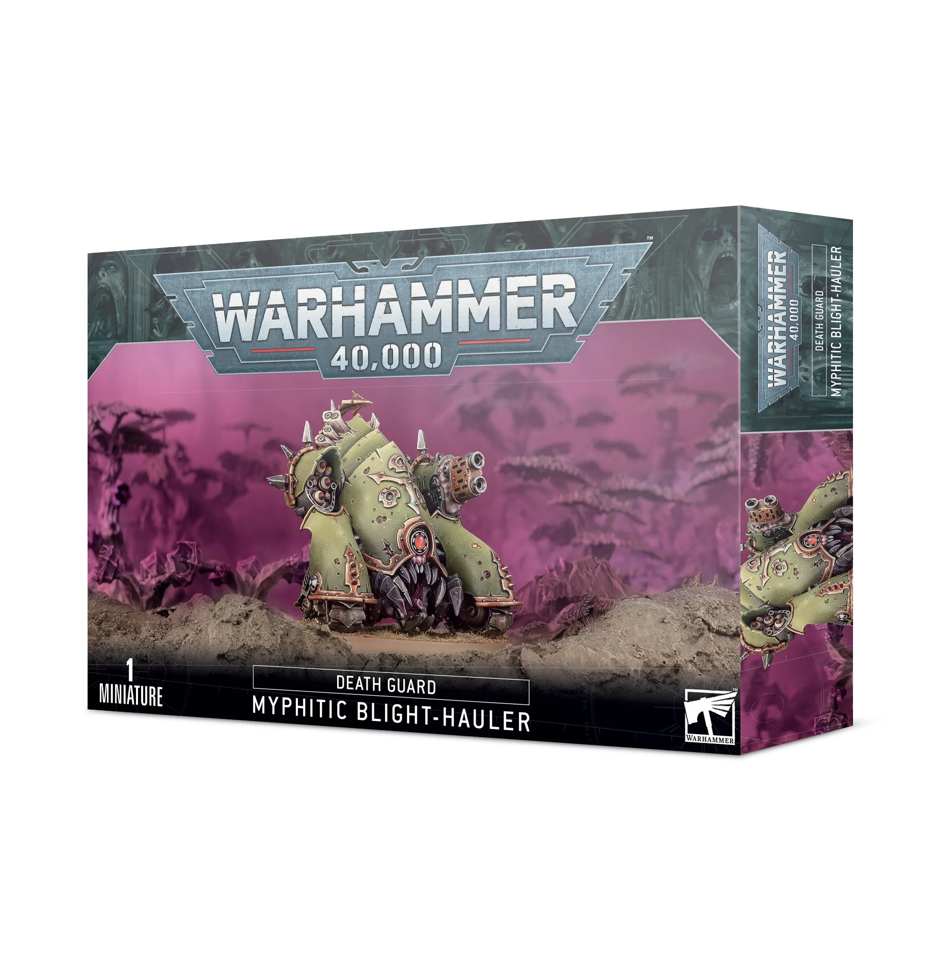 Box artwork of Warhammer 40,000 Death Guard Myphitic Blight-Hauler miniature, featuring a green armored vehicle with spikes and guns on a battlefield background.