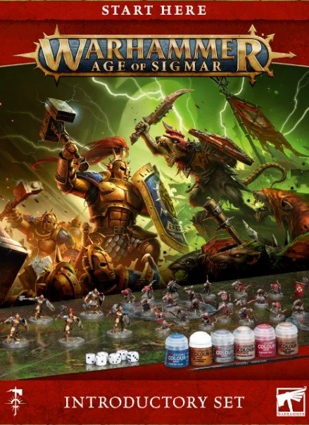 Warhammer Age of Sigmar introductory game set includes miniatures, dice, and paints, with artwork of warriors and monsters from the fantasy battle game.