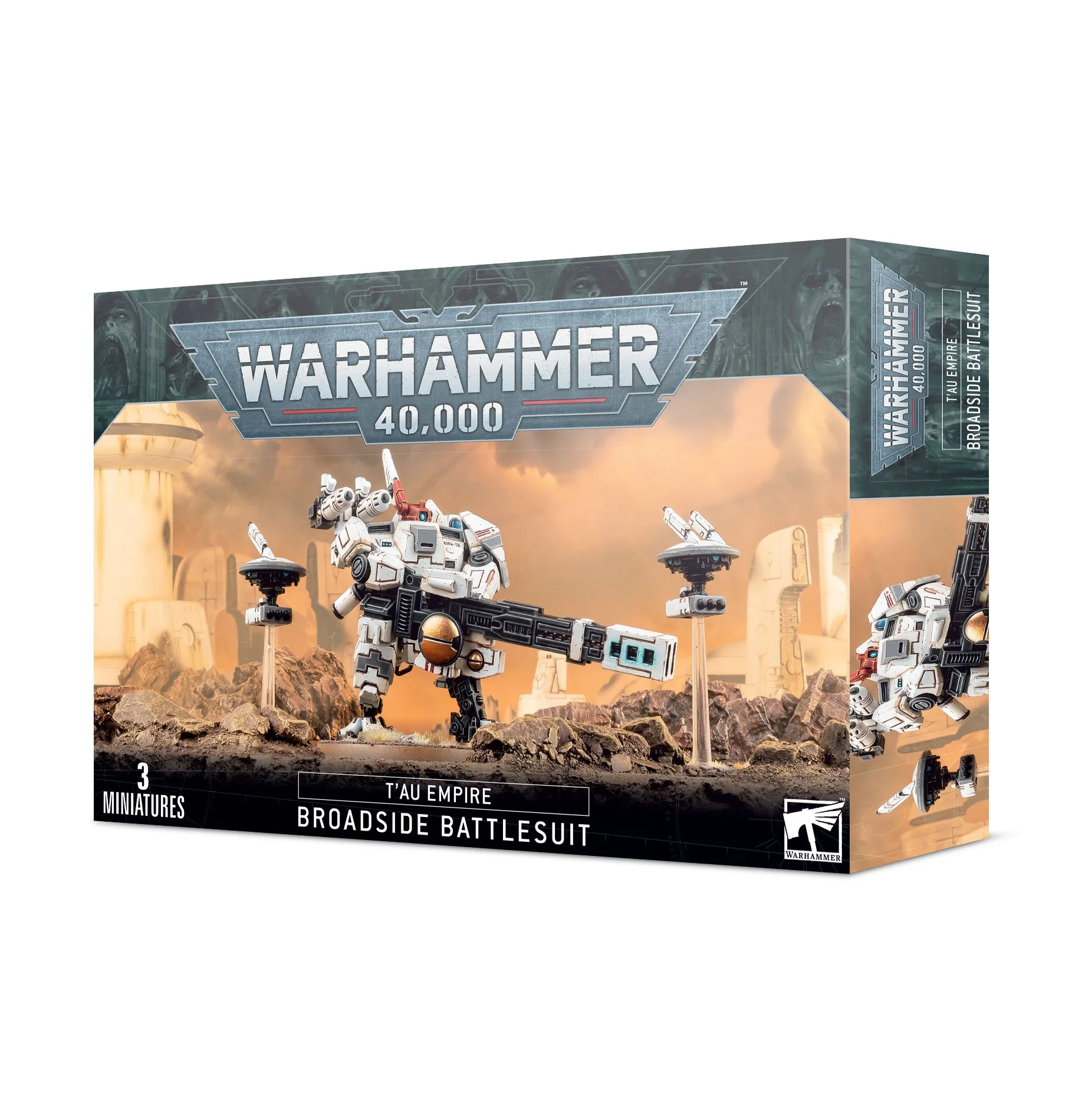 Box of Warhammer 40,000 Broadsides Battlesuit miniature set, featuring a large white armored robot with a large gun, set in a rocky landscape with a beige sky and structures in the background.
