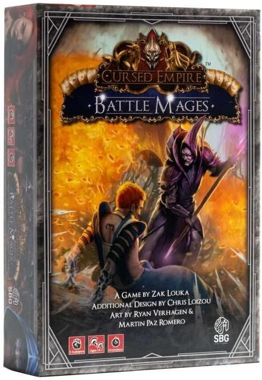 Cover art for the game Cursed Empire: Battle Mages, showing a mage with a staff facing an armored warrior in an orange and purple fiery background.