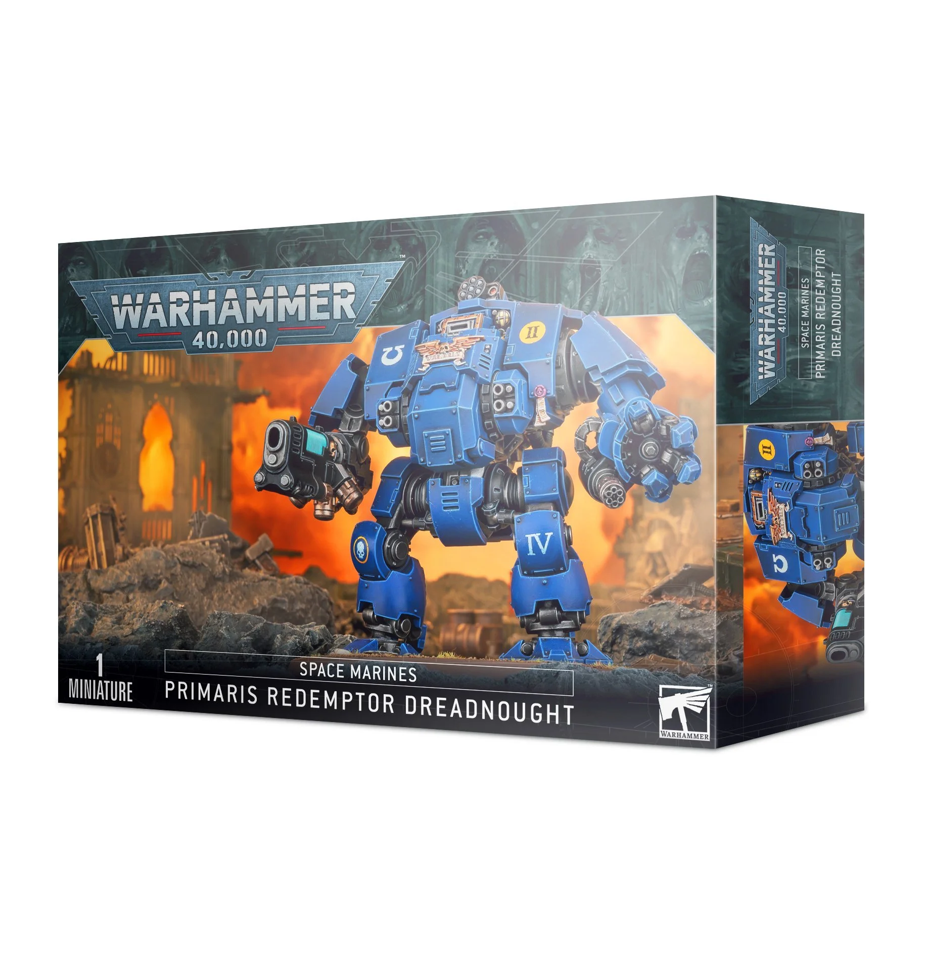 A Warhammer 40,000 miniature box displaying a blue space marine robot with weapons, titled 'Primaris Redemptor Dreadnought' with a fiery battlefield background.