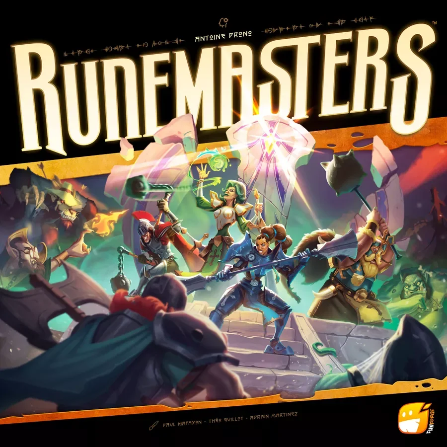 Runemasters - Boardgame.  €25
Type: Co‑operative, dice rolling, tower‑defense.
Players: 1–4.
Complexity: Medium-light.
Brief: Defend the Temple of Mankind from waves of monsters using dice to attack, move, and use guardian abilities.