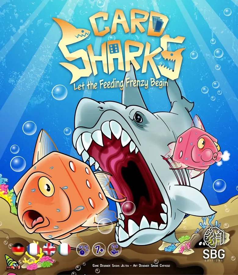 Card Sharks — Board Game. €25 Type: Real-time, action. Players: 2–4. Complexity: Light. Brief: Race against opponents in a feeding frenzy, sliding shark cards across the table to capture dice combinations that match shifting scoring conditions.