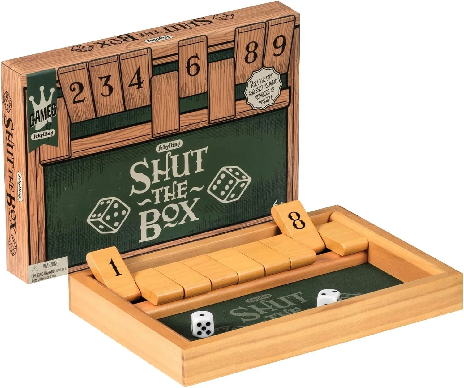 Shut the Box: 2-Player Edition — Board Game. €25 Type: Dice rolling, classic pub game. Players: 1–2. Complexity: Light. Brief: Roll the dice and flip down matching wooden number tiles, combining quick arithmetic and calculated risk to shut as many nu