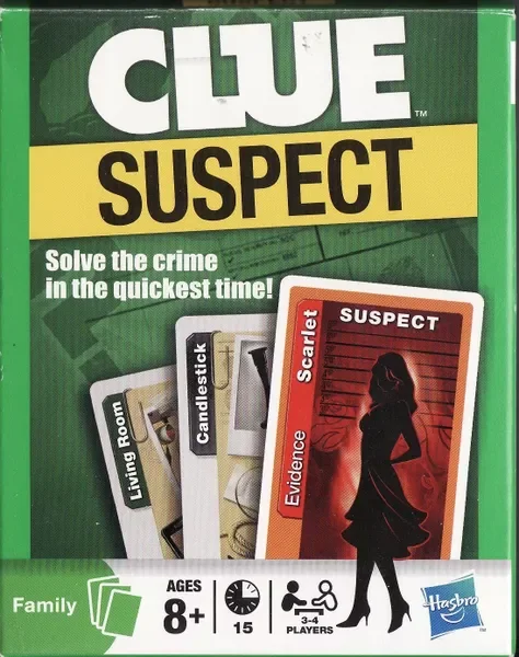Cluedo: Suspect — Card Game   €12

Type: Deduction, set‑collection, mystery.
Players: 3–6 (some say 2–4).
Complexity: Light.
Brief: No board — deduce the murderer, weapon, and location by tracking revealed and hidden cards.