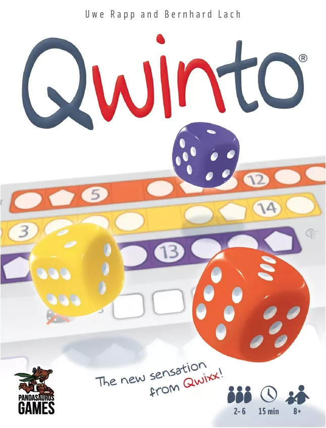 Qwinto — Board Game. €15 Type: Roll and write, dice rolling. Players: 1–6. Complexity: Light. Brief: Roll colored dice and strategically write numbers in ascending rows on your score sheet, utilizing clever cross-row placement and rerolls to maximize