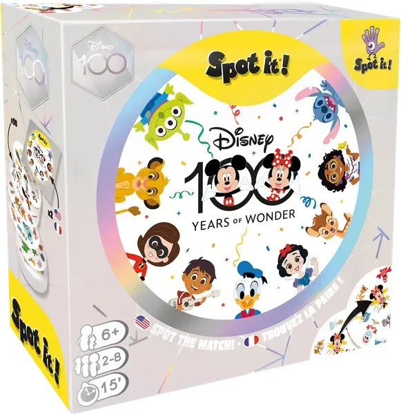 Dobble: Disney — Board Game. €20 Type: Pattern recognition, speed. Players: 2–8. Complexity: Light. Brief: Race against opponents to spot the single matching Disney or Pixar character between two cards in a fast-paced game of quick reflexes and sharp
