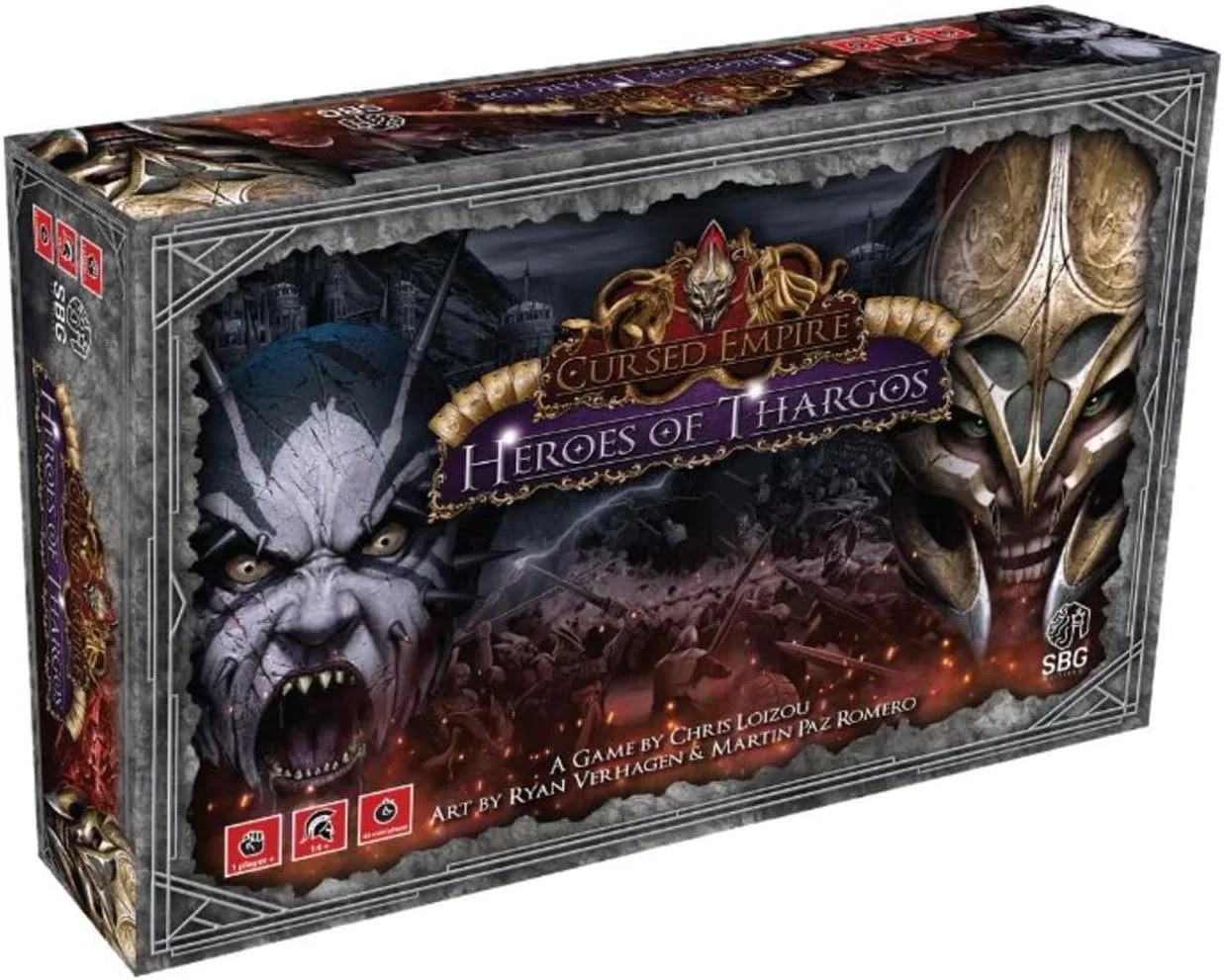 The box cover art for the tabletop game 'Cursed Empire: Heroes of Tharos,' designed by Chris Loizou with artwork by Ryan Verhagen and Martin Paz Romero, features a fierce, snarling, gray-skinned creature with glowing eyes and sharp teeth on the left,