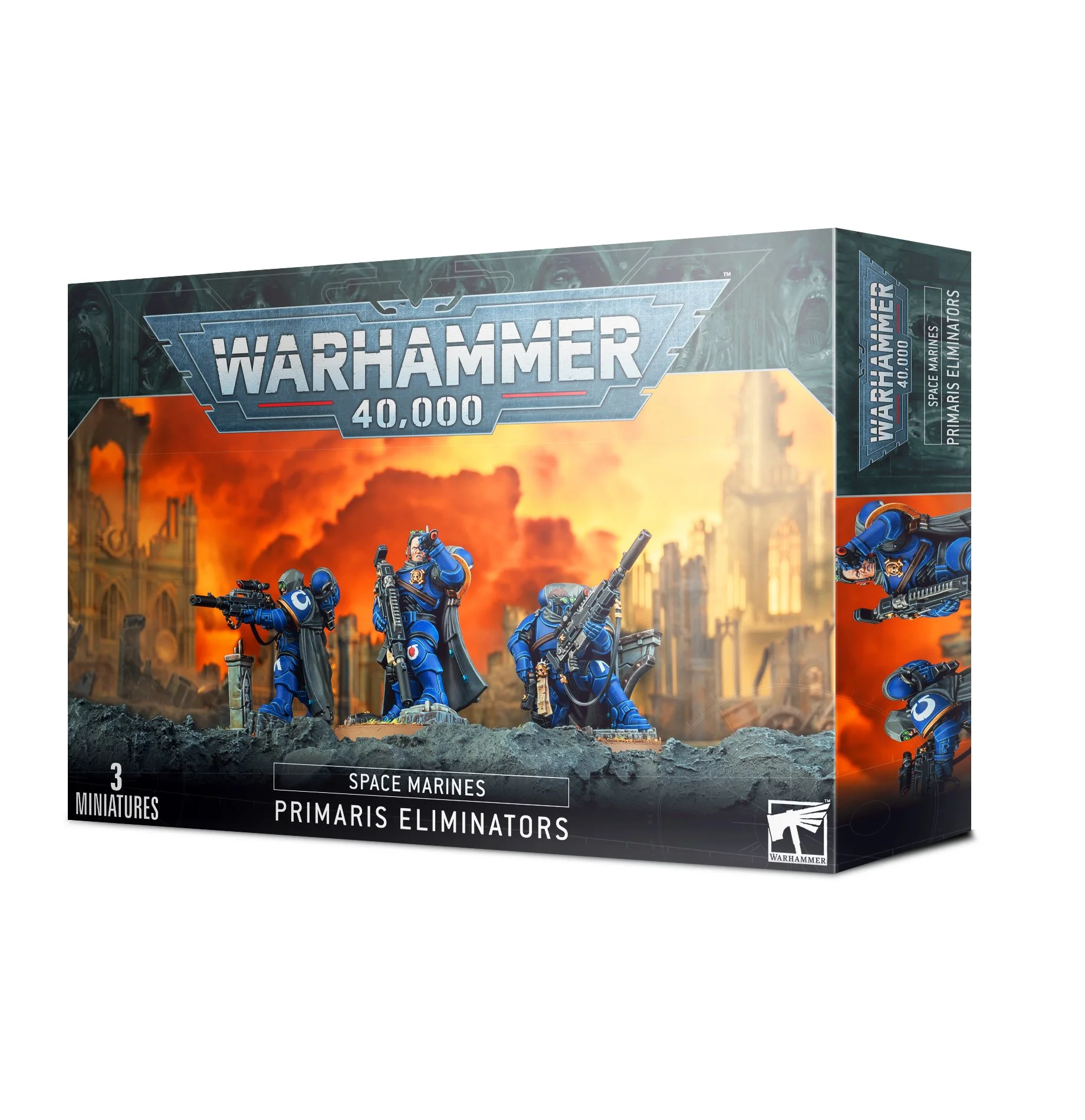 Warhammer 40,000 Space Marines Primaris Eliminators box set with three painted miniature figurines in blue armor, set against a war-torn cityscape background with orange flames.