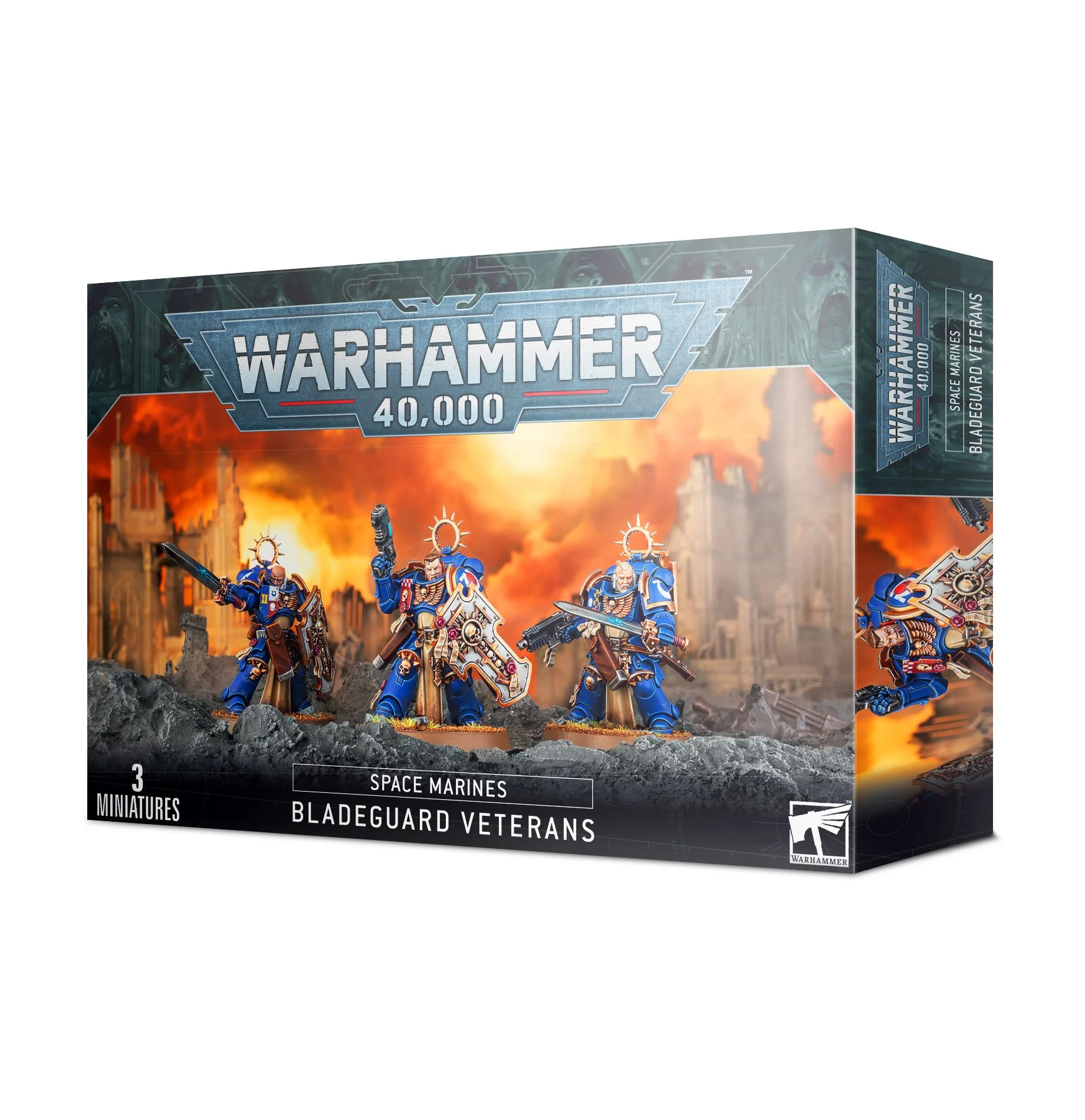 Warhammer 40,000 Space Marines Bladeguard Veterans miniature set box showing three painted miniatures with a fiery background.