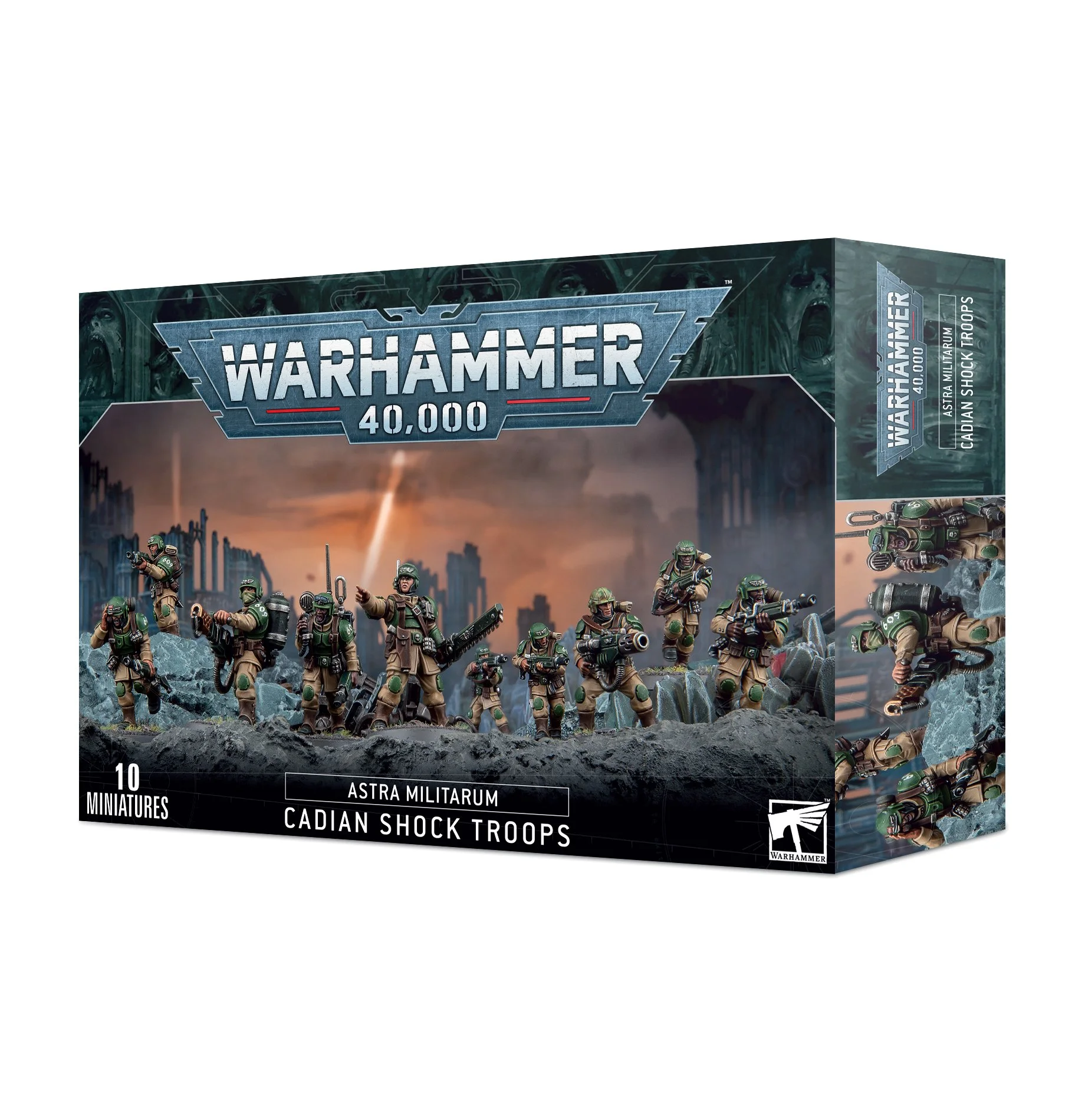 Box of Warhammer 40,000 Astra Militarum Cadian Shock Troops miniatures with soldiers posed on rocky terrain and a war-torn cityscape in the background.
