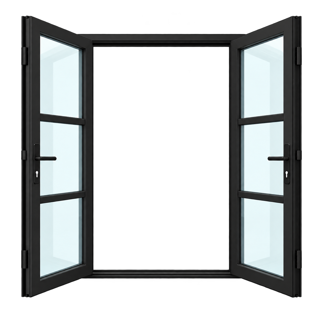 Black double glass door with handles and locks, open to an empty space.