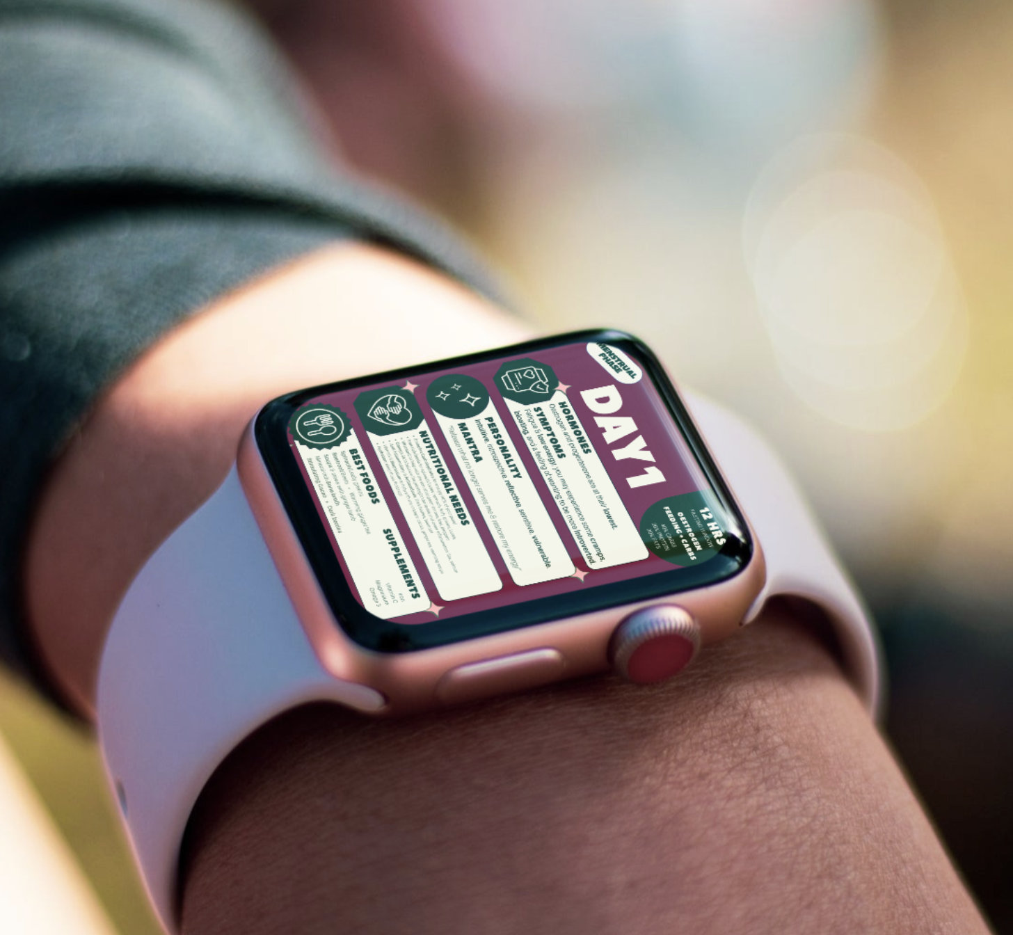 Close-up of a person's wrist wearing a smartwatch displaying the Apple News app on its screen, with content titled 'DAY 28'.