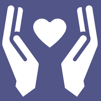 Two white hands holding a heart symbol on a purple background.