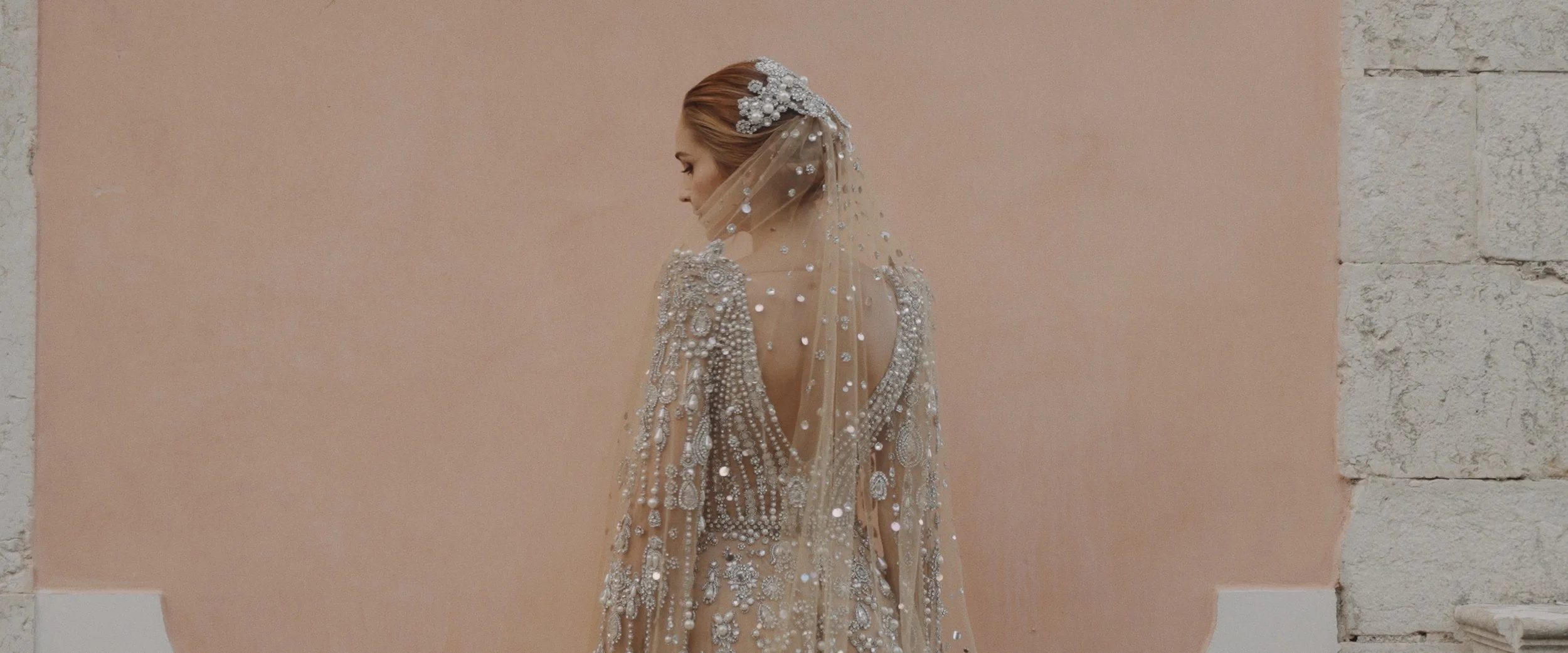 Elie Saab wedding gown detail at Palácio do Correio-Mor in Portugal. Luxury wedding cinematography by Maru Films.