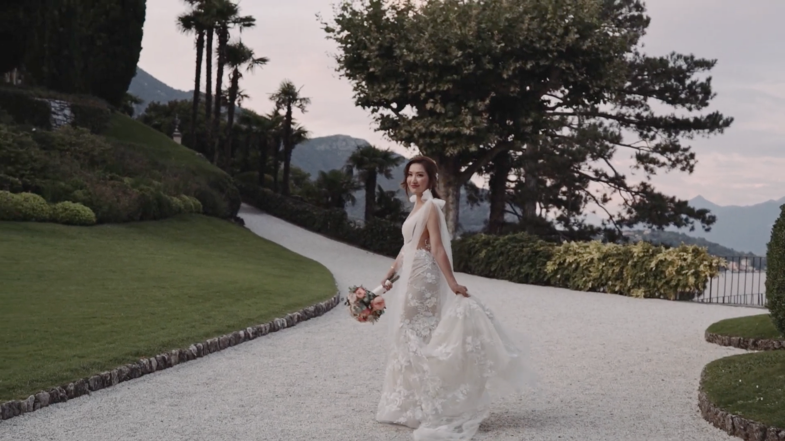 Editorial bridal portrait at Villa del Balbianello, Lake Como. Olivia wearing a Galia Lahav wedding gown, captured by Maru Films.