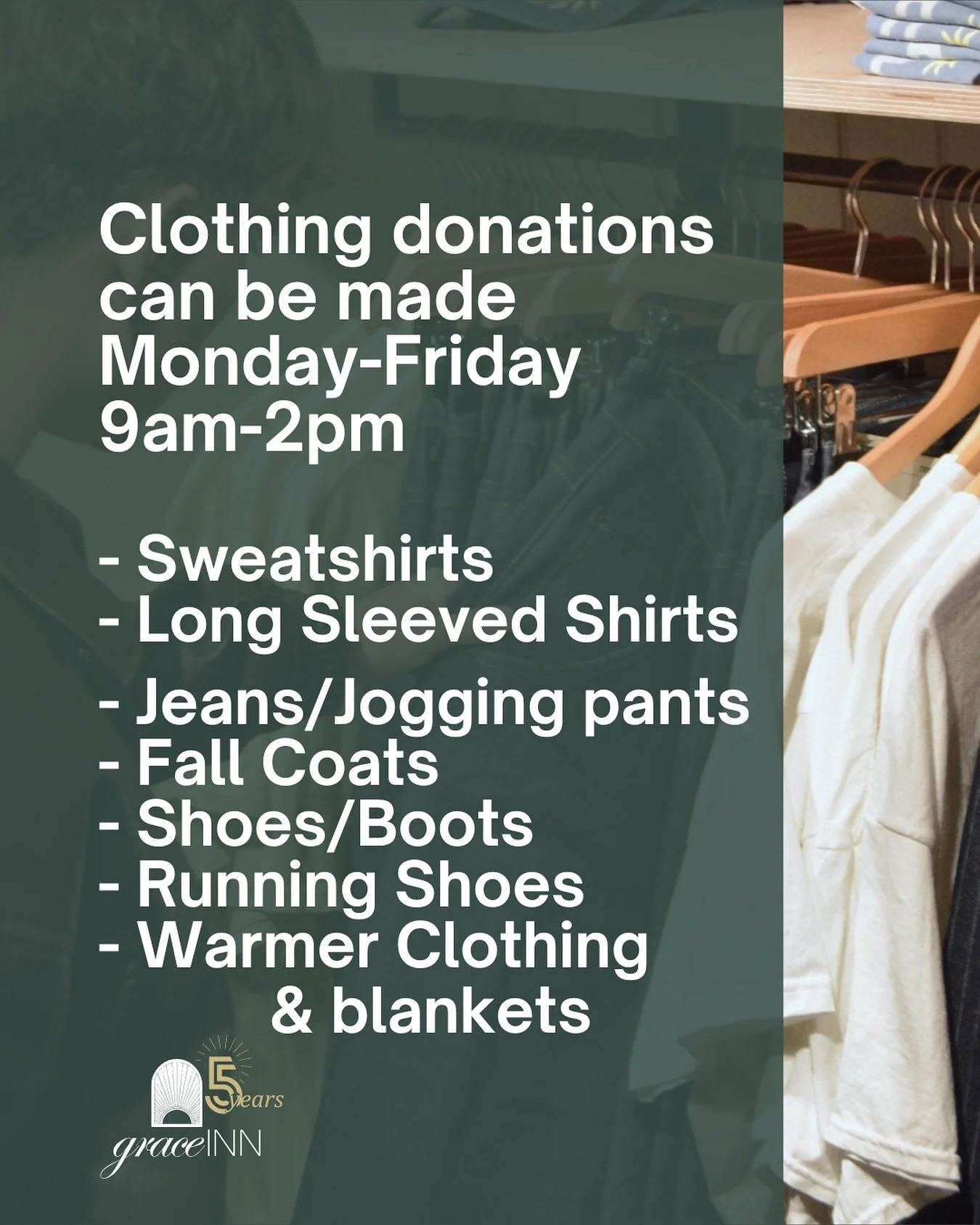 Cooler weather means more layers of clothing! We can take your IN-SEASON clothing donations Monday-Friday from 9-2pm. &hearts;️