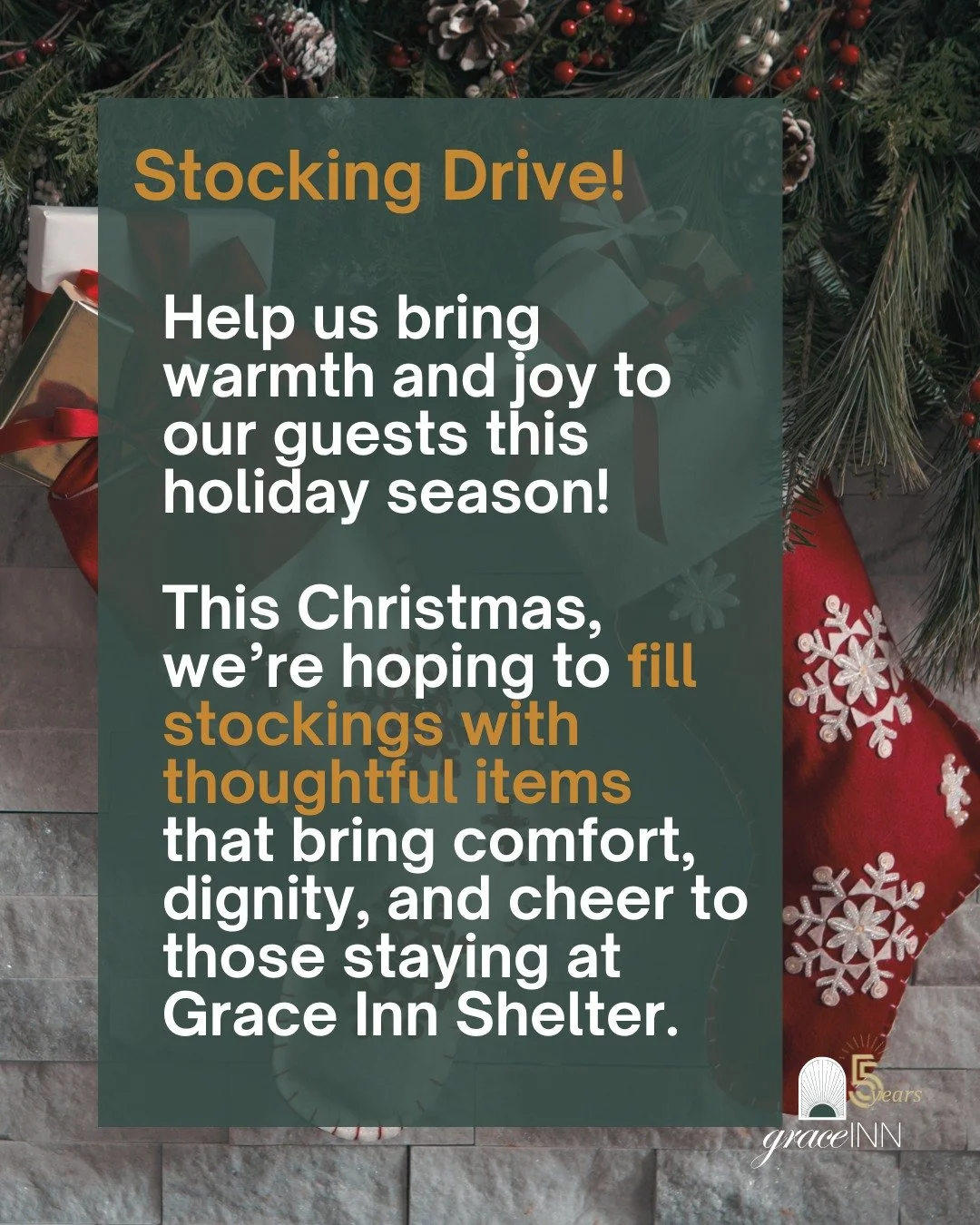 🎄 Thinking of a practical way to help Grace Inn this Christmas?

Fill a stocking with cheer &mdash; and essentials! ❤️

This holiday season, you can make a real difference for someone staying at Grace Inn Shelter by donating items on the list OR a f