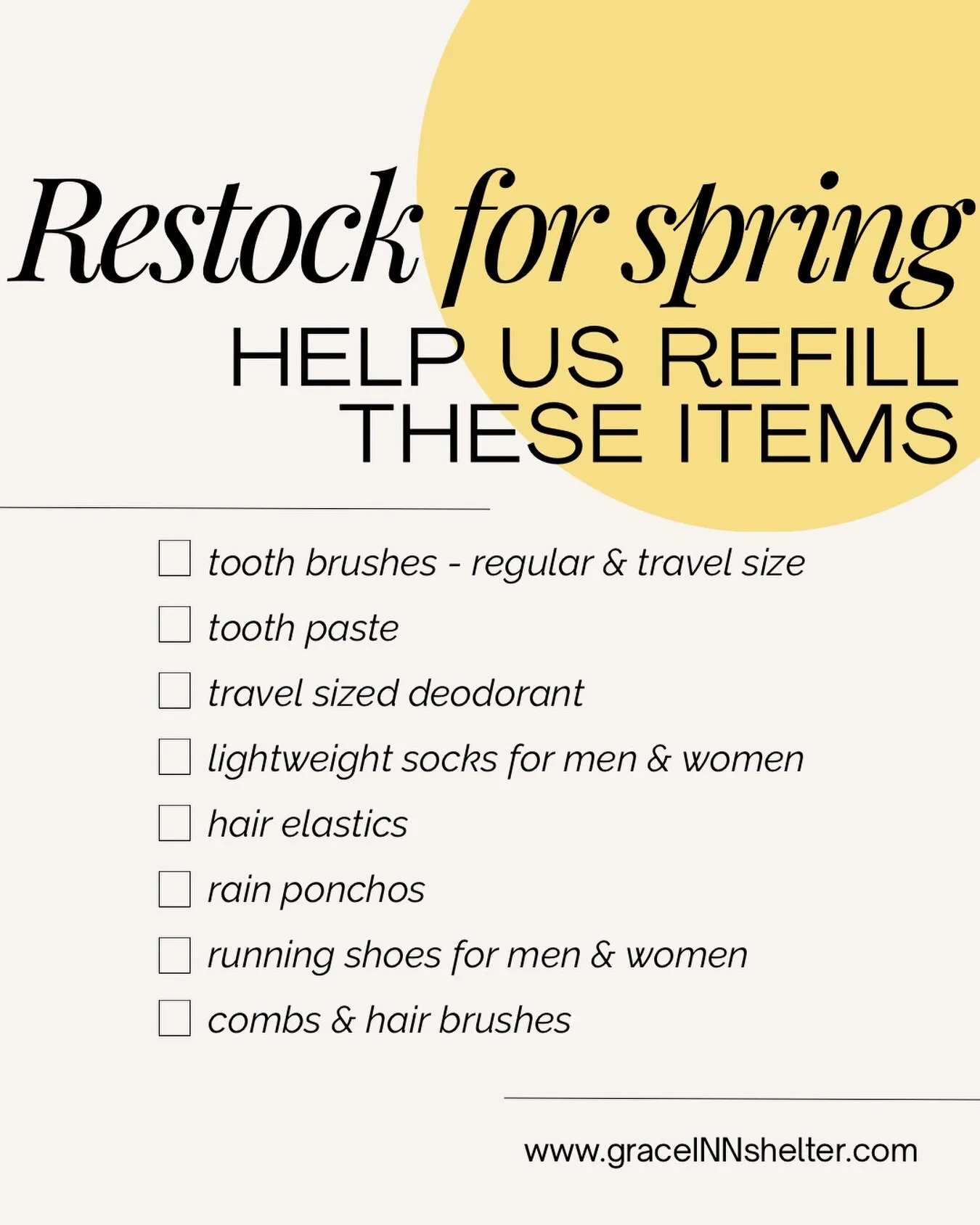 Thank you for your continued support! For those who like to know what we need at this time, here&rsquo;s our restock wish-list! Drop-off donations can be made Monday-Friday 9-2pm at the side patio doors! Thank you so much!! 

#graceinnshelter #gracei