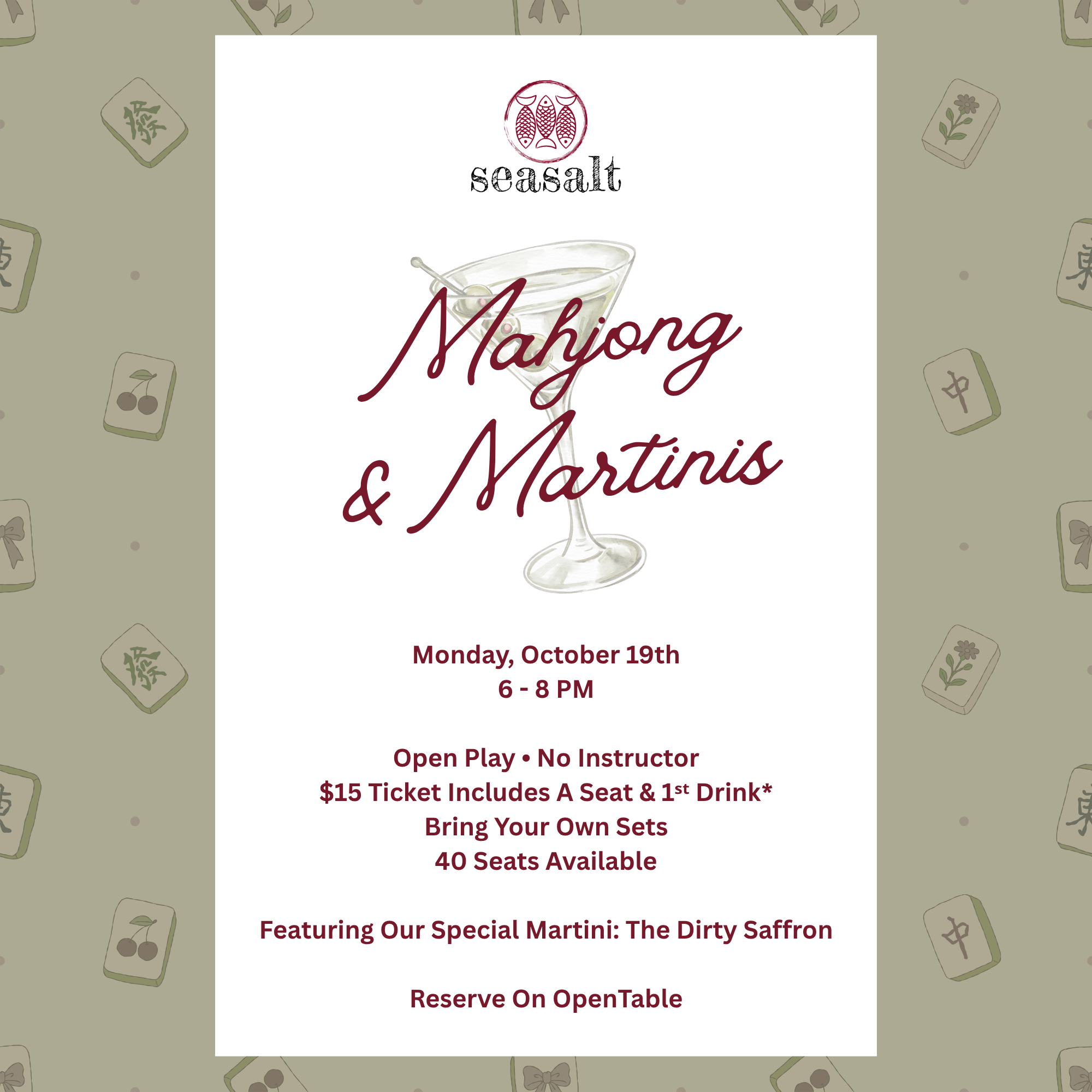 Mahjong &amp; Martinis Night At Seasalt [SOLD OUT]