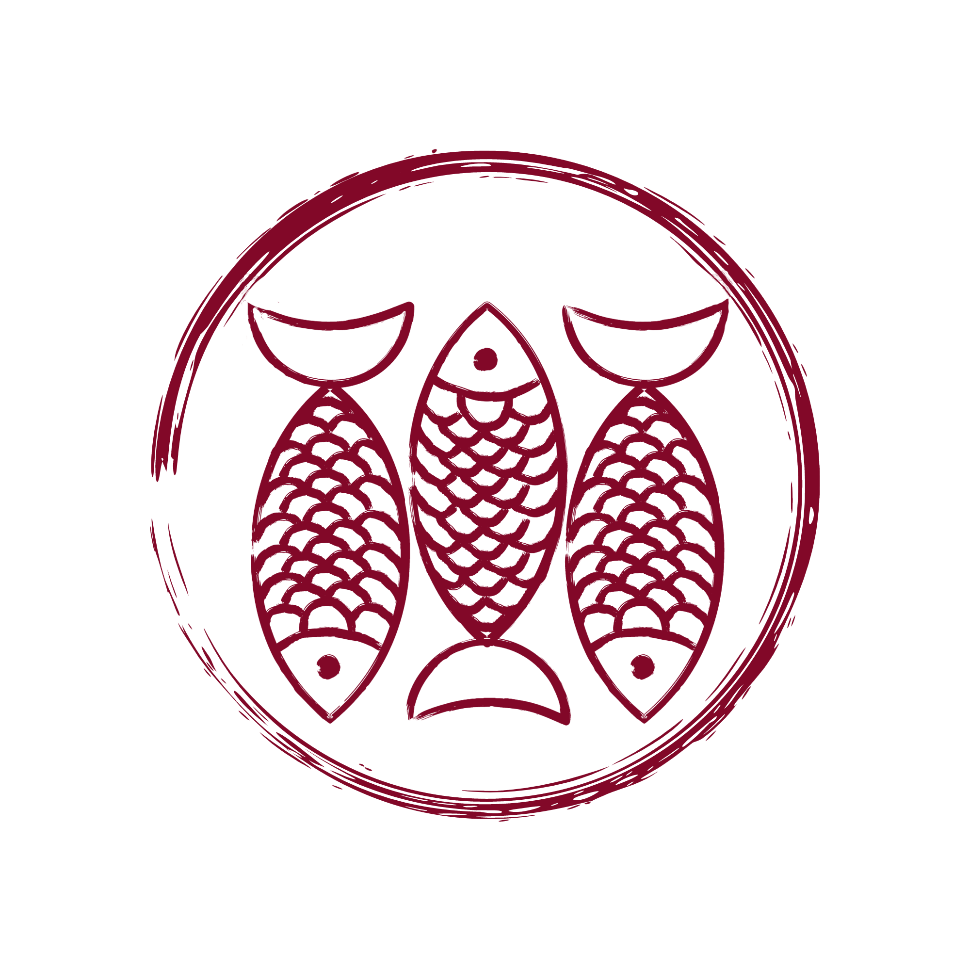 Stylized drawing of three fish within a circular border, with fish scales and tails visible.