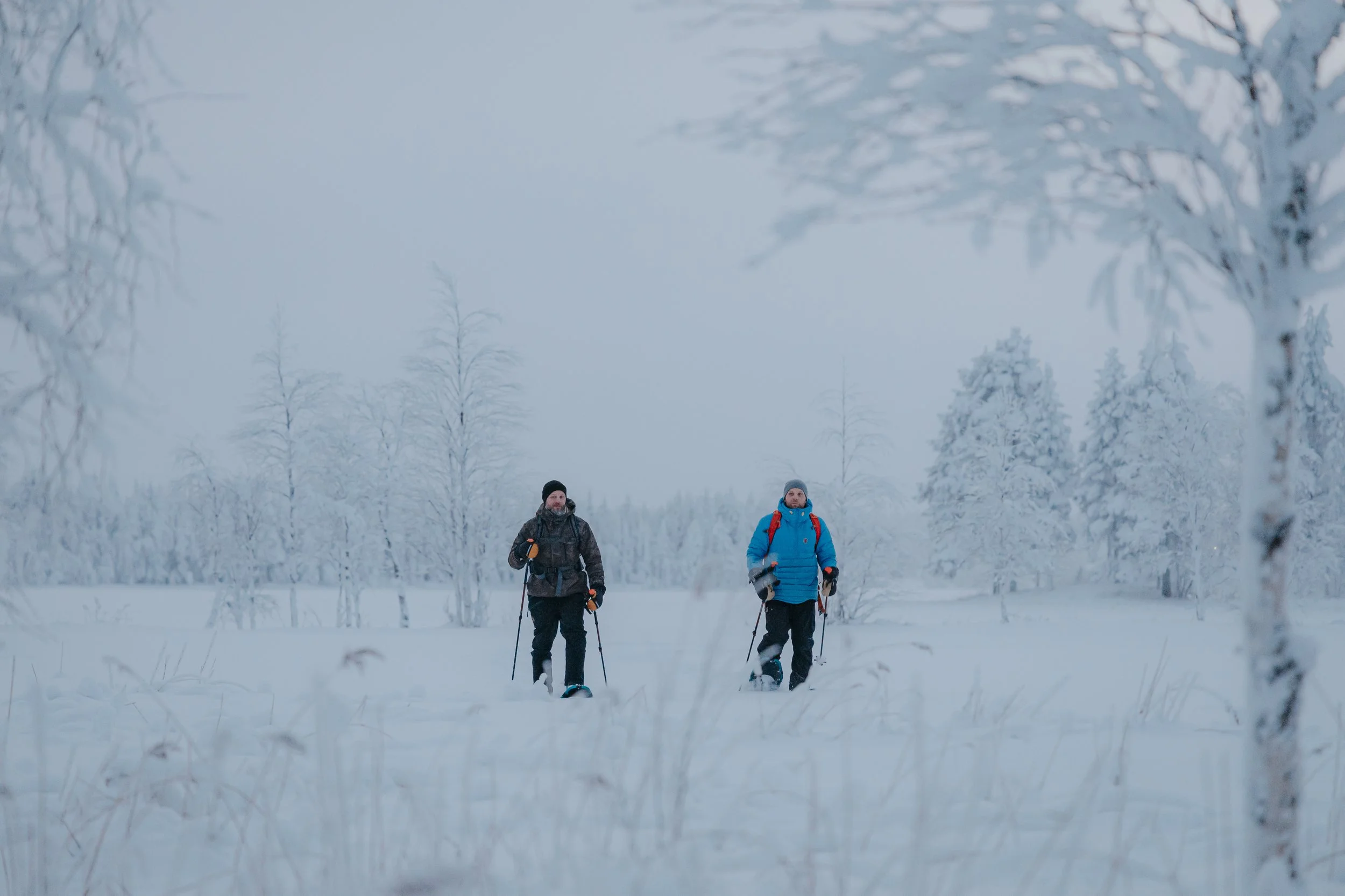 Two men in winter clothing cross-country skiing through a snowy forest with snow-covered trees.